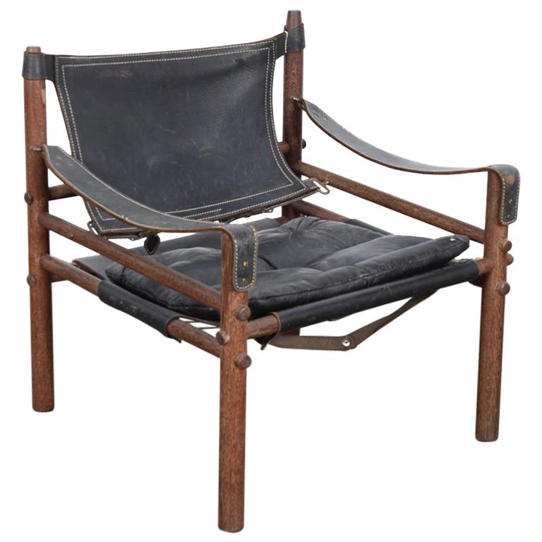 Black Leather and Oak Safari Chair by Arne Norell for Norell AB
