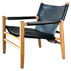 Black Leather and Oak Sling Chair, by Dux