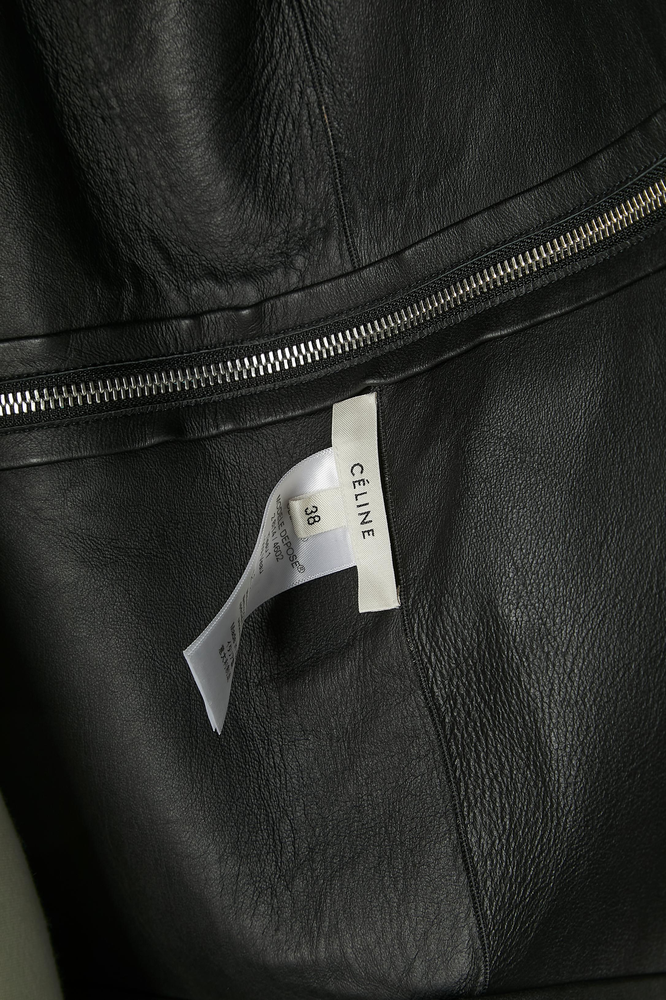 Manteau bord à bord en cuir noir et veau imprimé avec fermeture éclair Céline by Phoebe Philo en vente 1