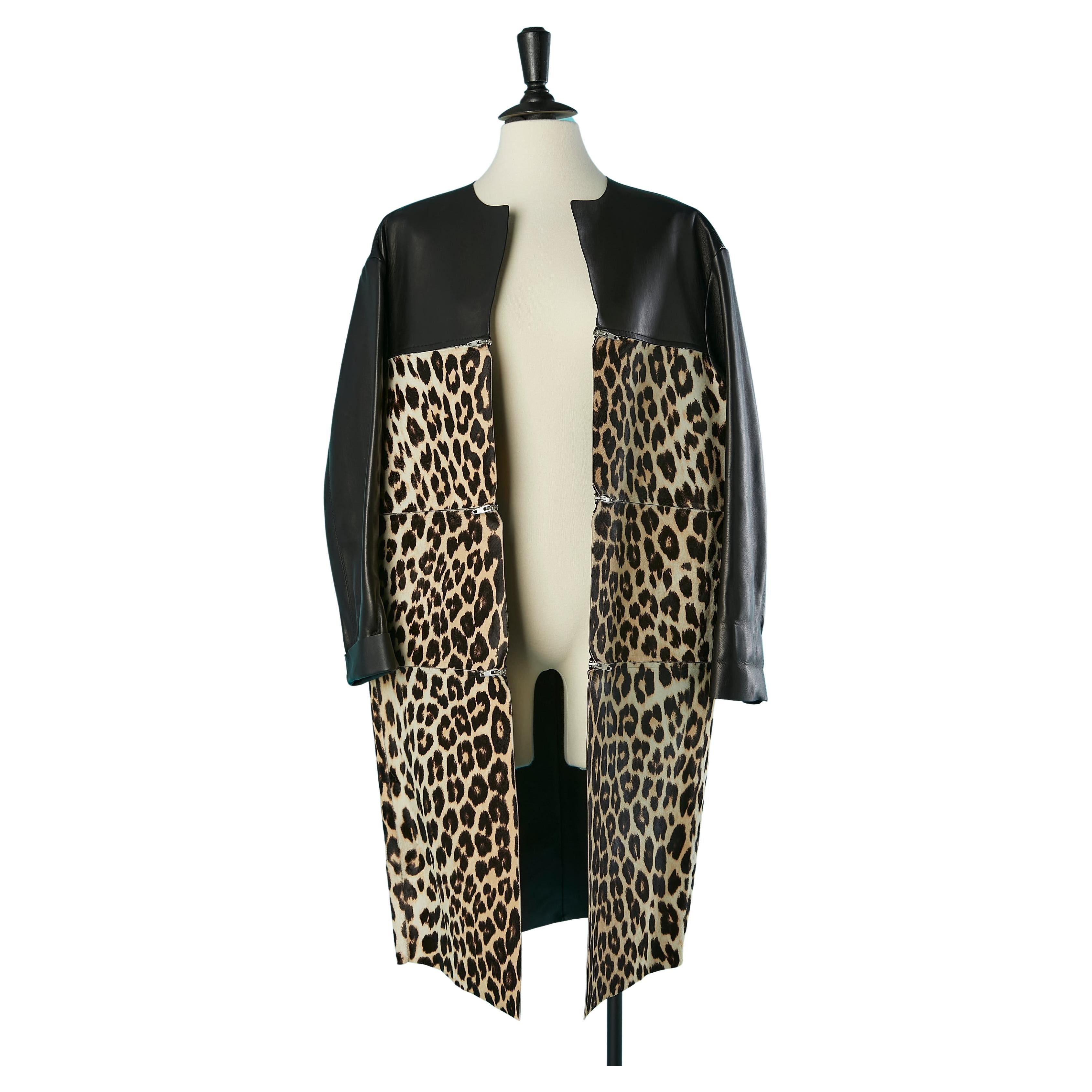 Black leather and printed calf edge to edge coat with zip Céline by Phoebe Philo For Sale