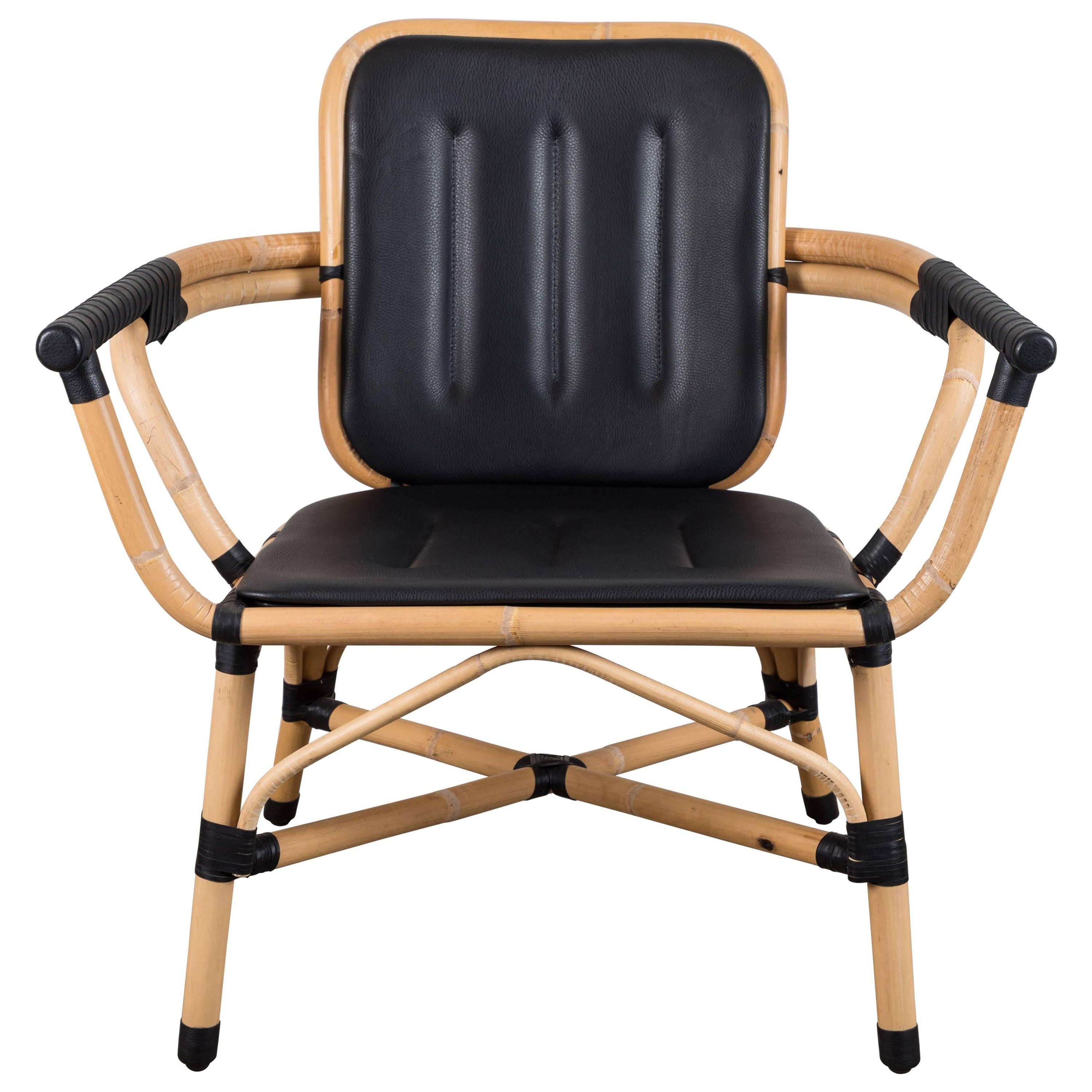 Black Leather and Rattan Skin Armchair by Collection Particulière