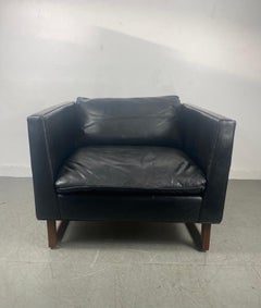 Black Leather and Rosewood Cube Chair Attributed to Milo Baughman