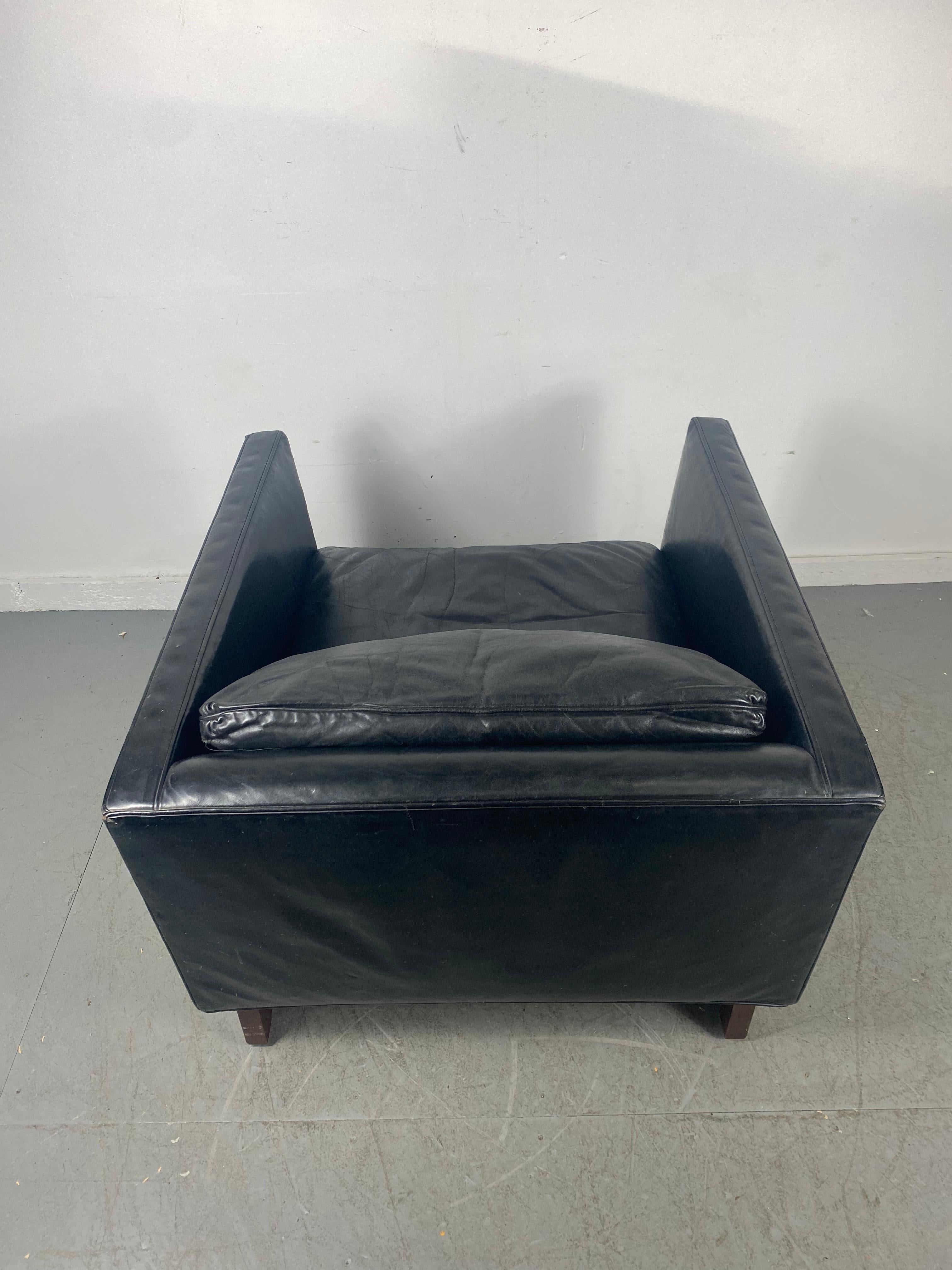 American Black Leather and Rosewood Cube Chair Attributed to Milo Baughman 