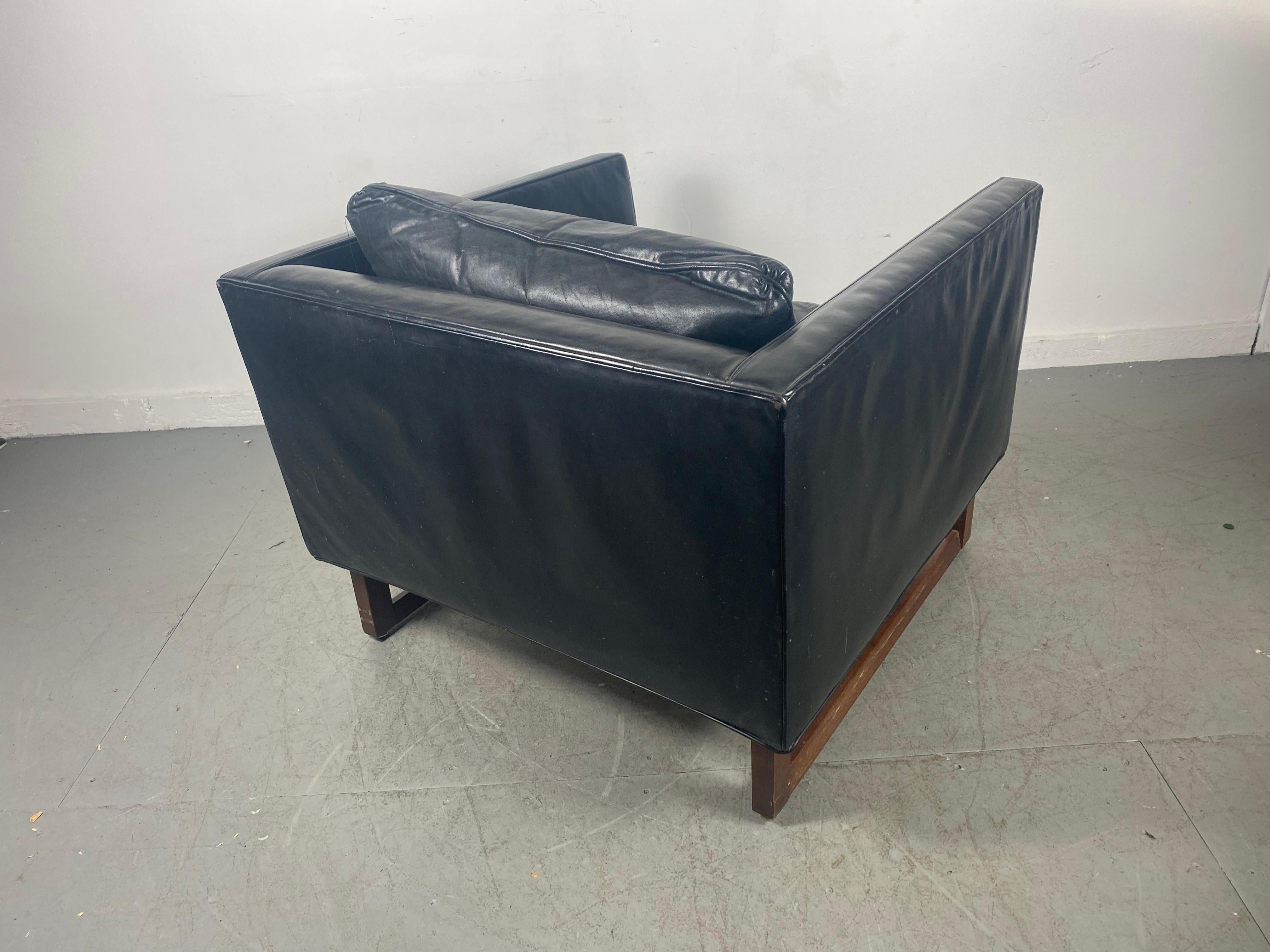 Late 20th Century Black Leather and Rosewood Cube Chair Attributed to Milo Baughman 