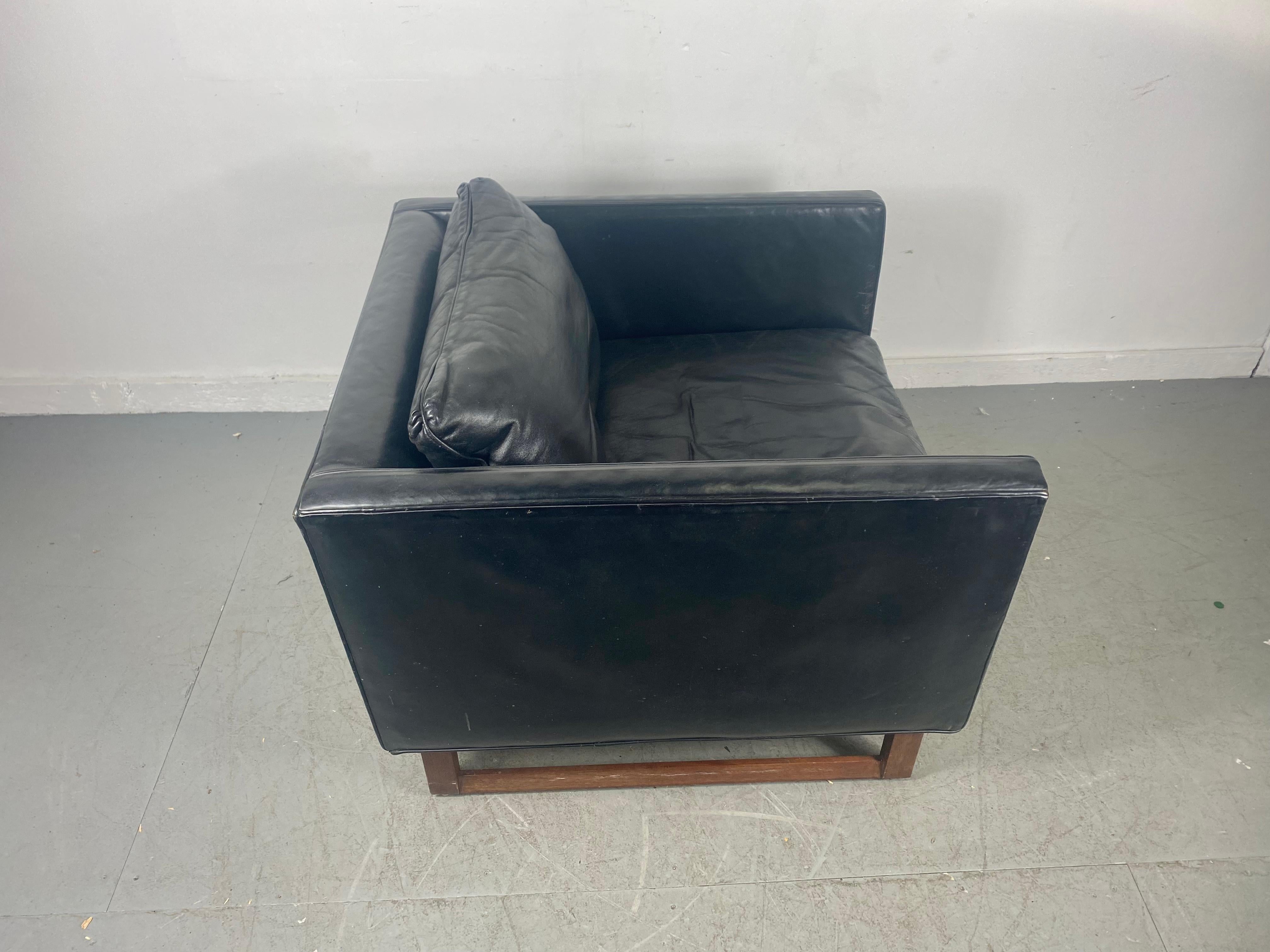 Black Leather and Rosewood Cube Chair Attributed to Milo Baughman  1