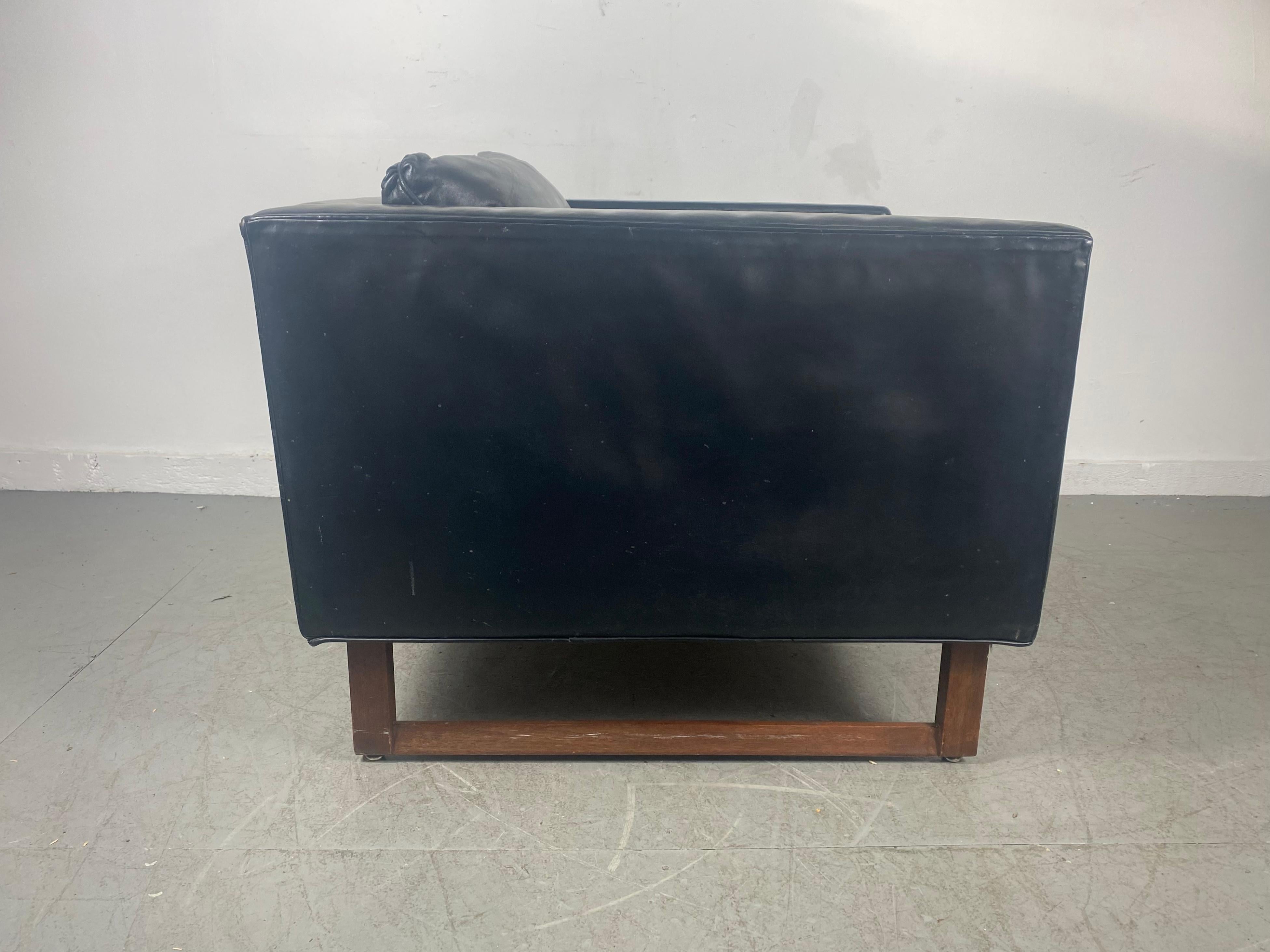 Black Leather and Rosewood Cube Chair Attributed to Milo Baughman  2