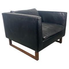 Black Leather and Rosewood Cube Chair Attributed to Milo Baughman 