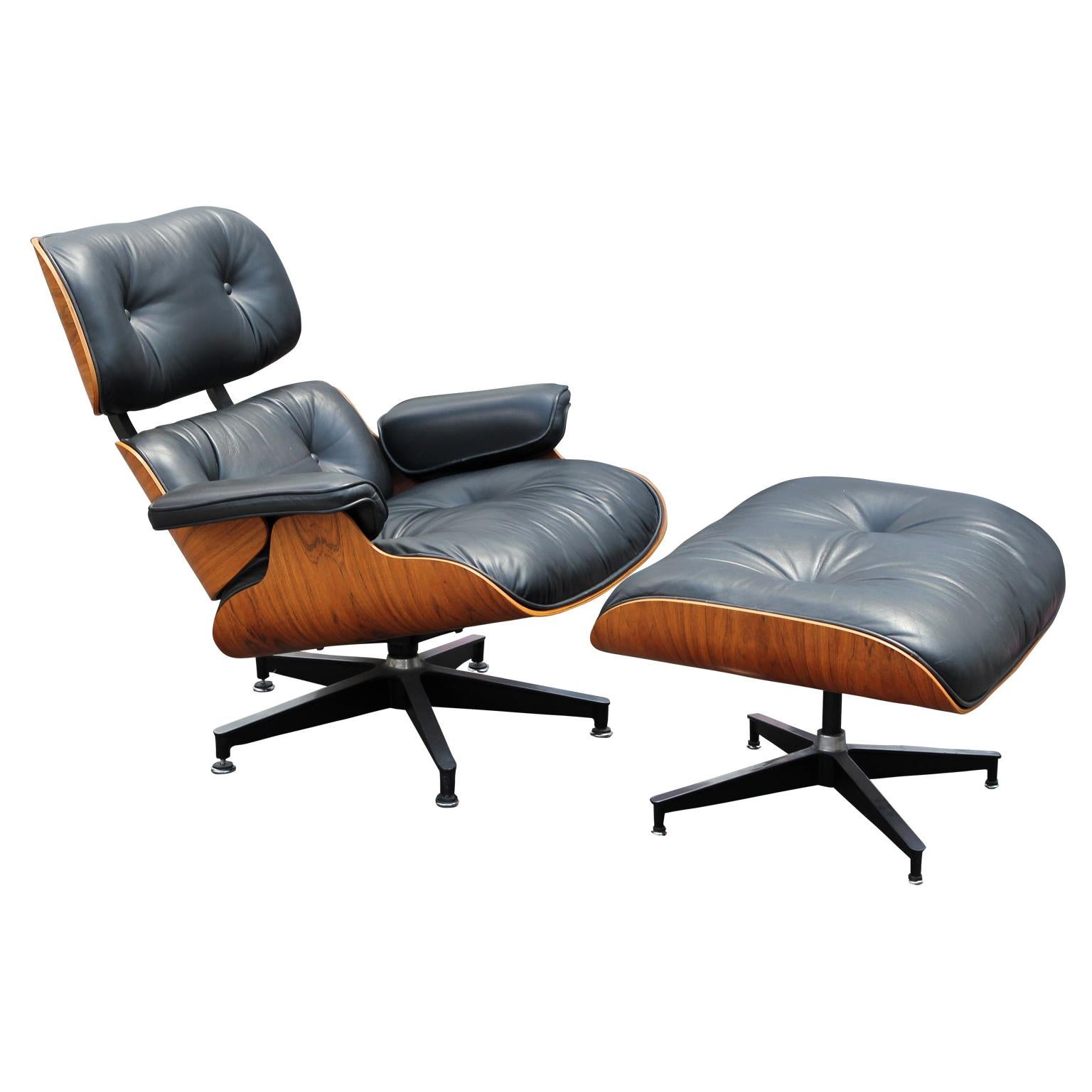 Black Leather and Rosewood Herman Miller Eames Lounge Chair and Ottoman