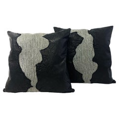 Black Leather and  Silver Silk Throw Pillow