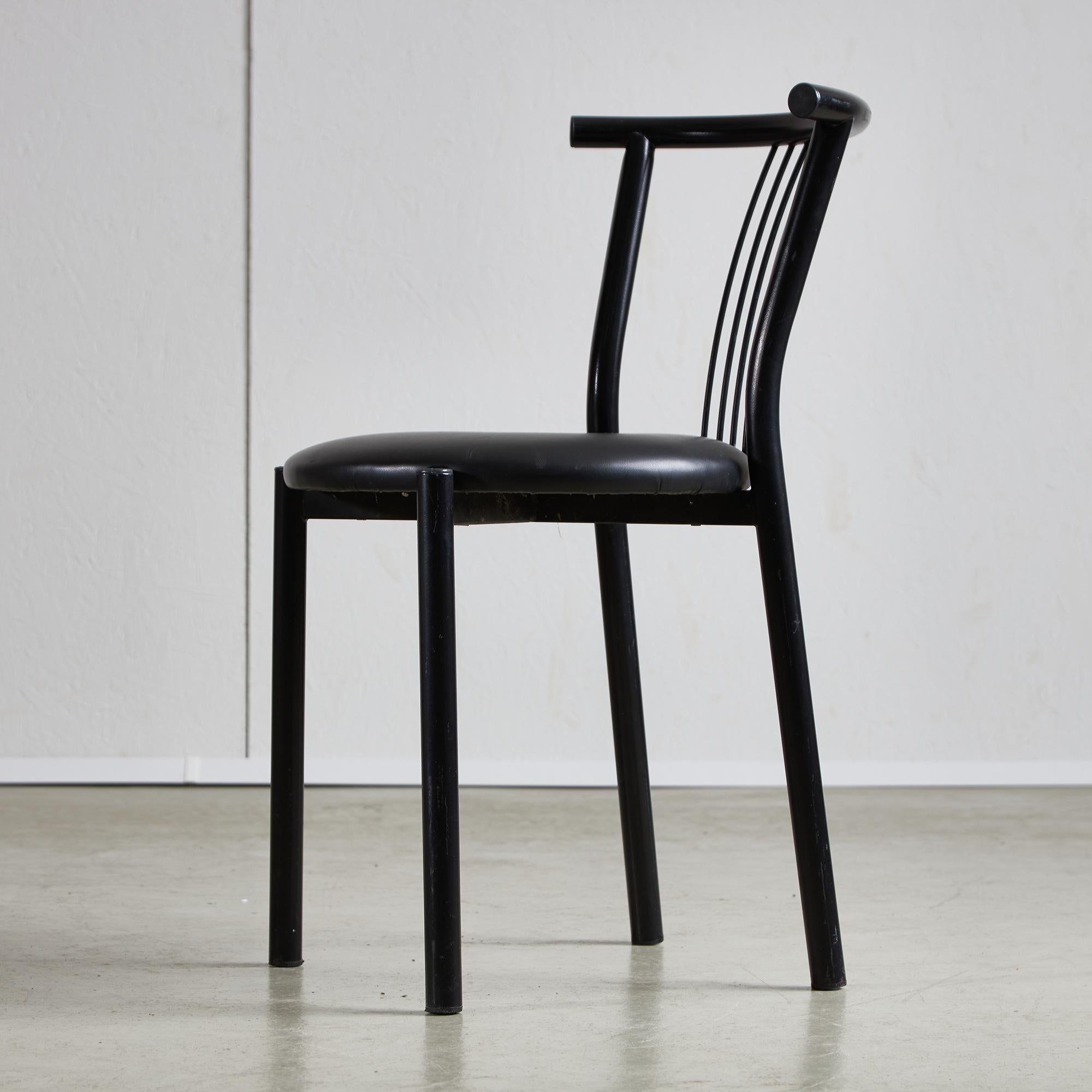 Italian Black Leather and Steel Chairs Set