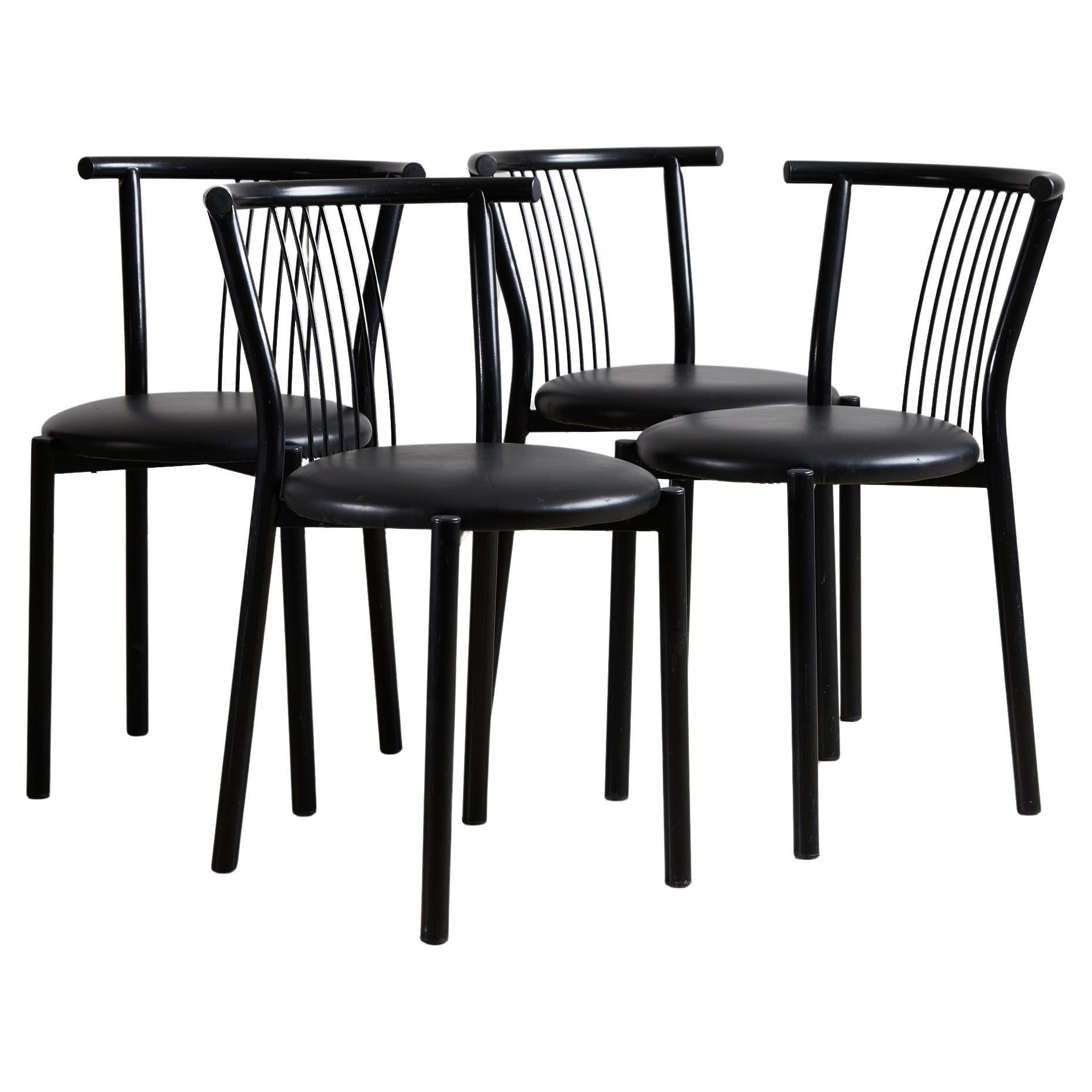 Black leather and steel dining chairs - set of 4