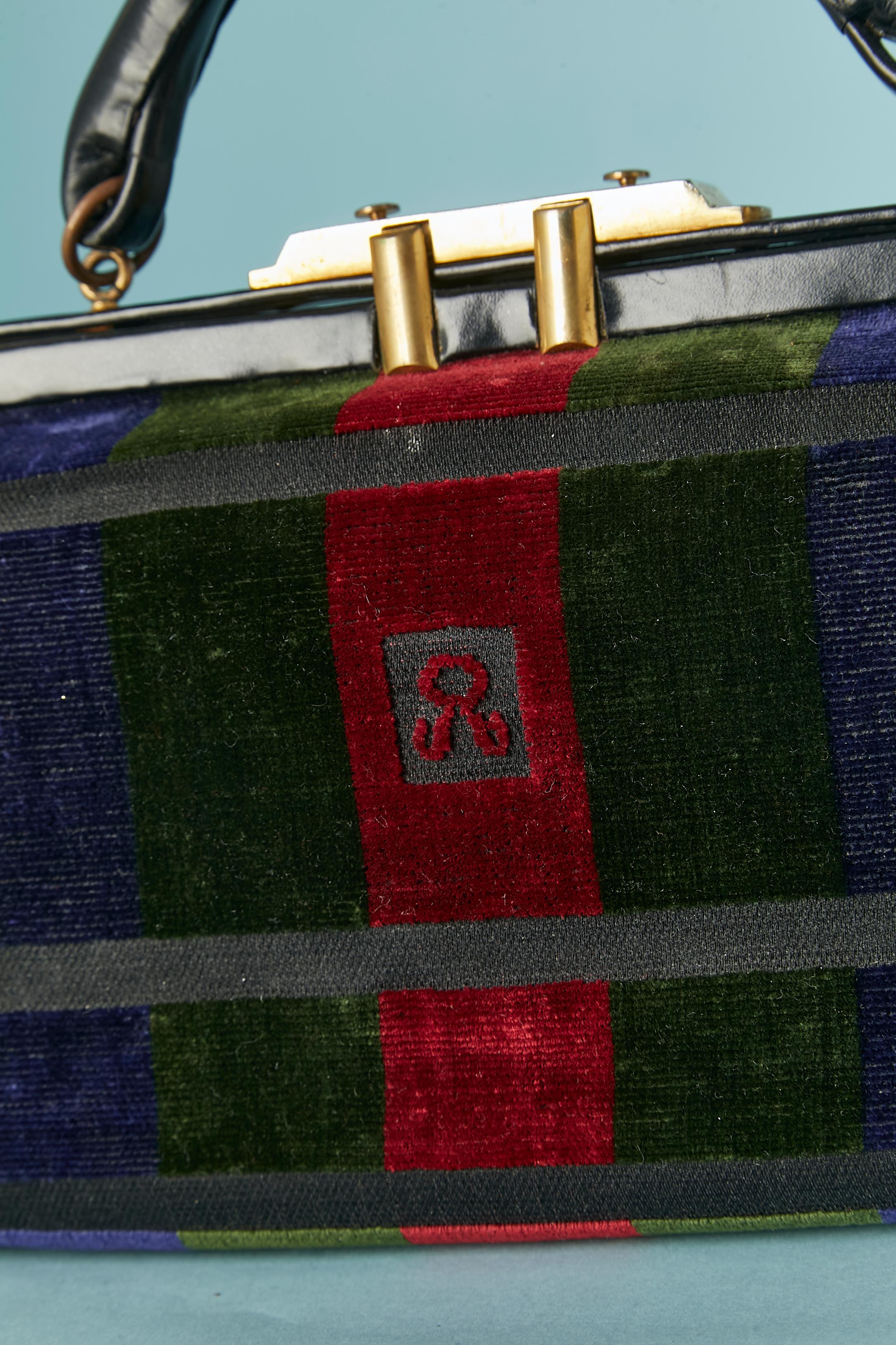 Black leather and striped velvet hand bag Roberta Di Camerino In Good Condition For Sale In Saint-Ouen-Sur-Seine, FR
