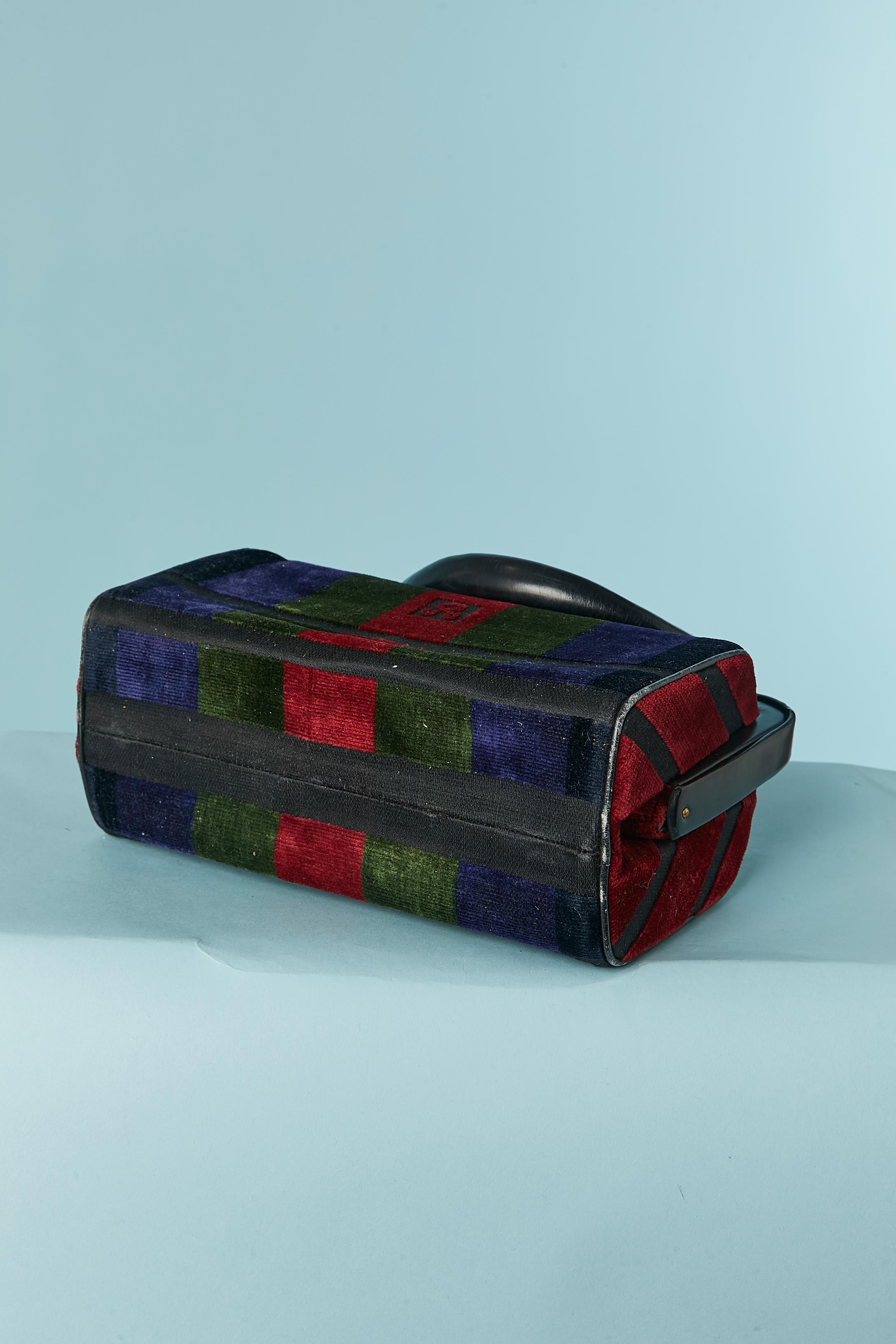 Black leather and striped velvet hand bag Roberta Di Camerino For Sale 1