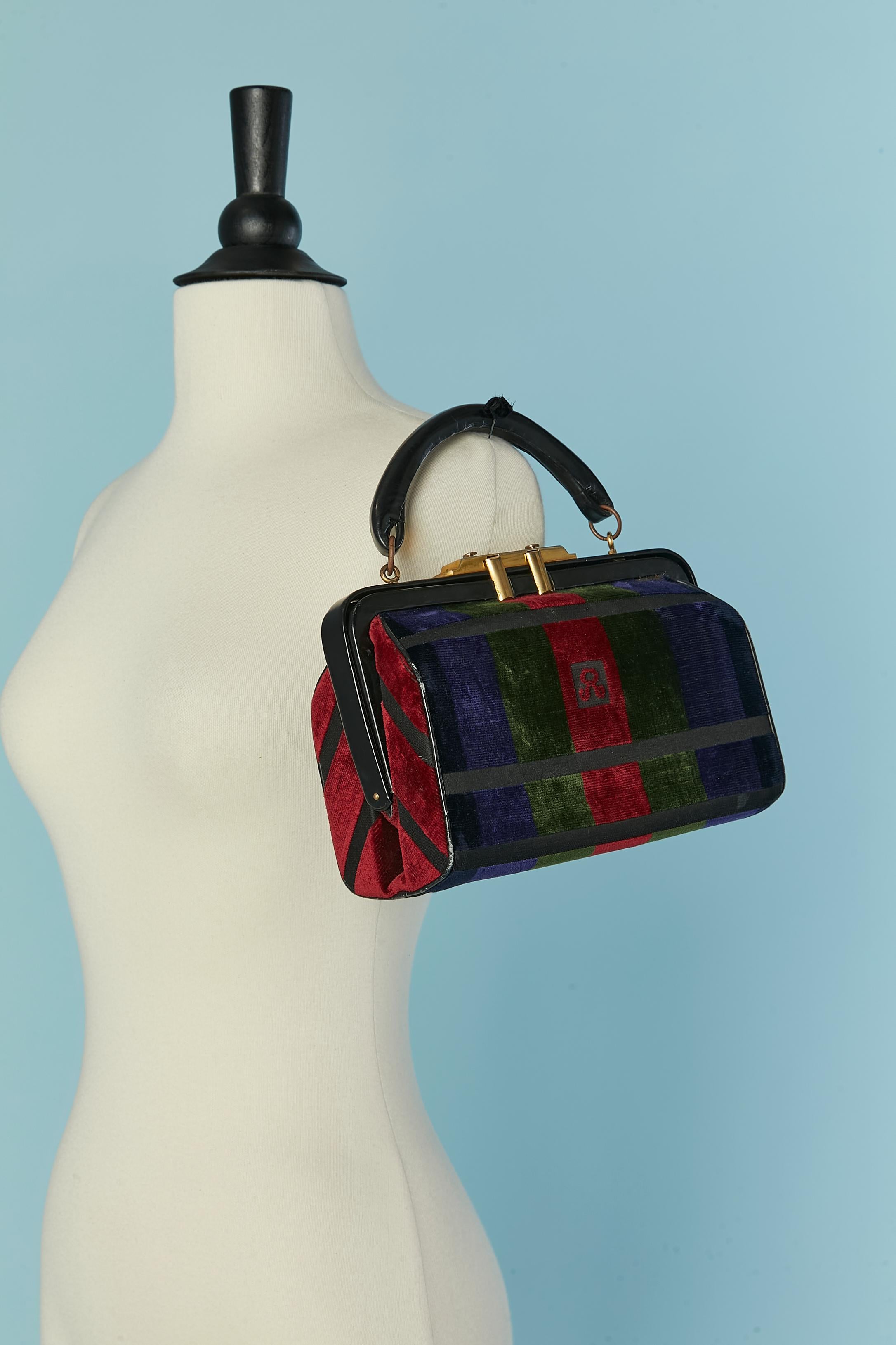 Black leather and striped velvet hand bag Roberta Di Camerino For Sale 2