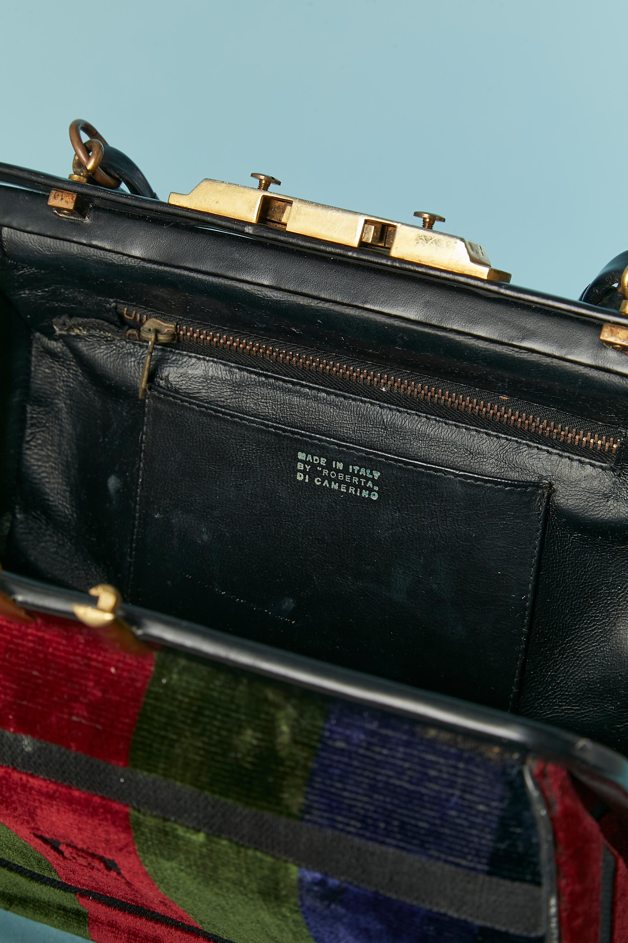 Black leather and striped velvet hand bag Roberta Di Camerino For Sale 3