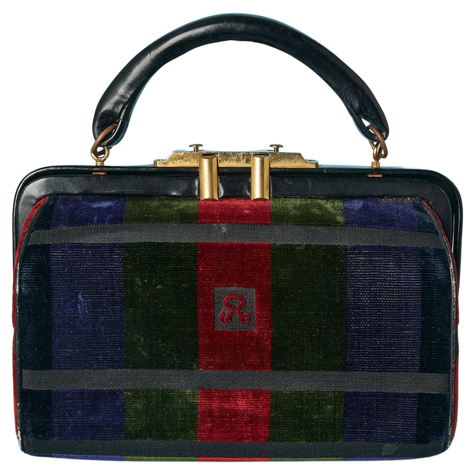 Black leather and striped velvet hand bag Roberta Di Camerino For Sale