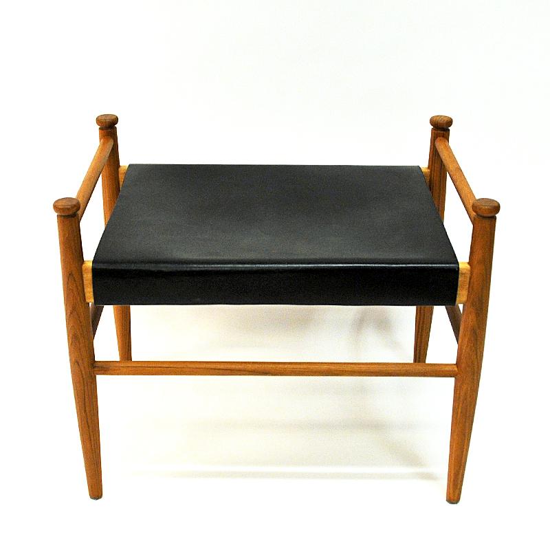 Blackened Black Leather and Teak Footstool by Gillis Lundgren for Ikea, 1960s, Sweden