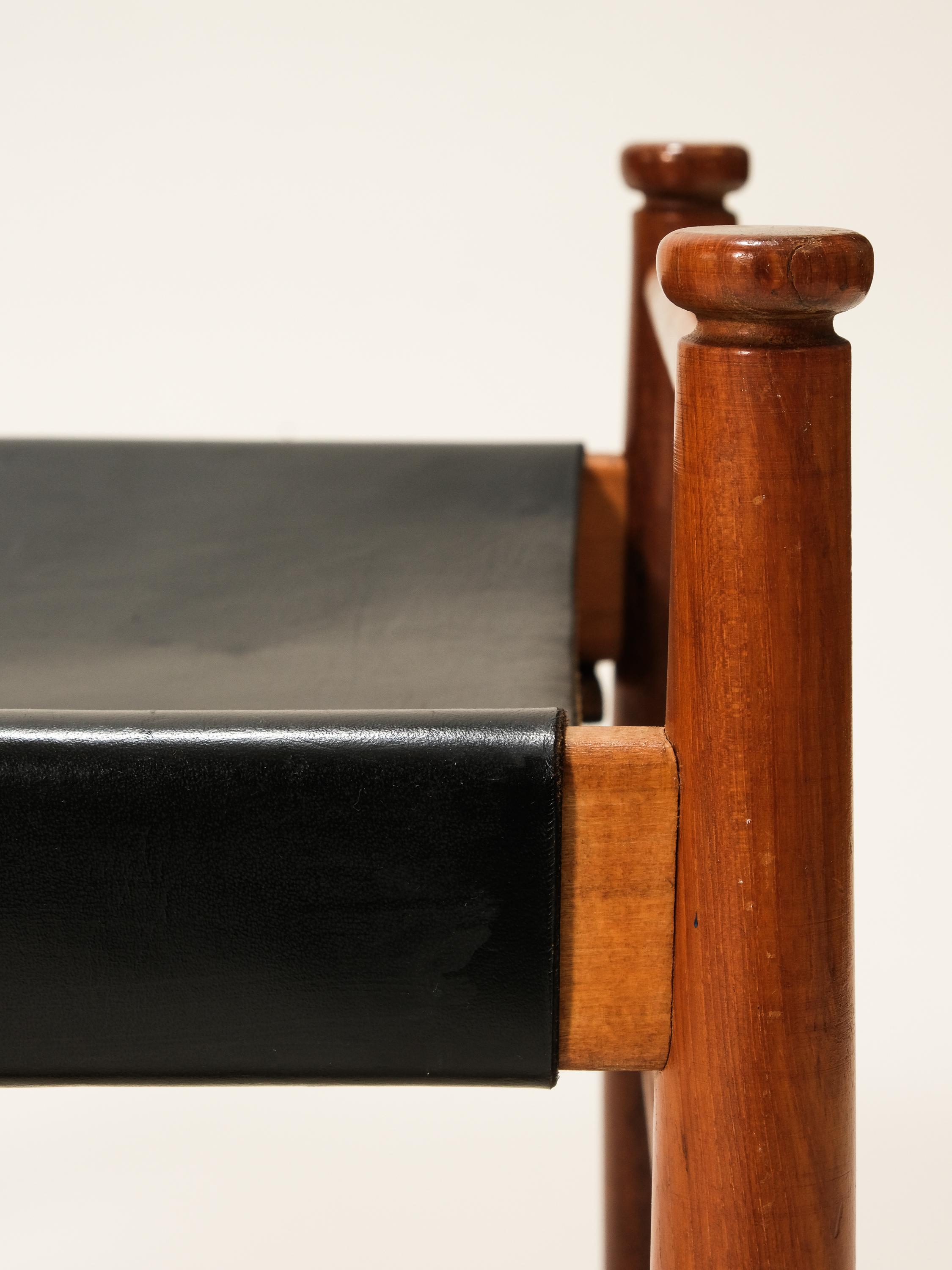 Black Leather and Teak Stool Model 