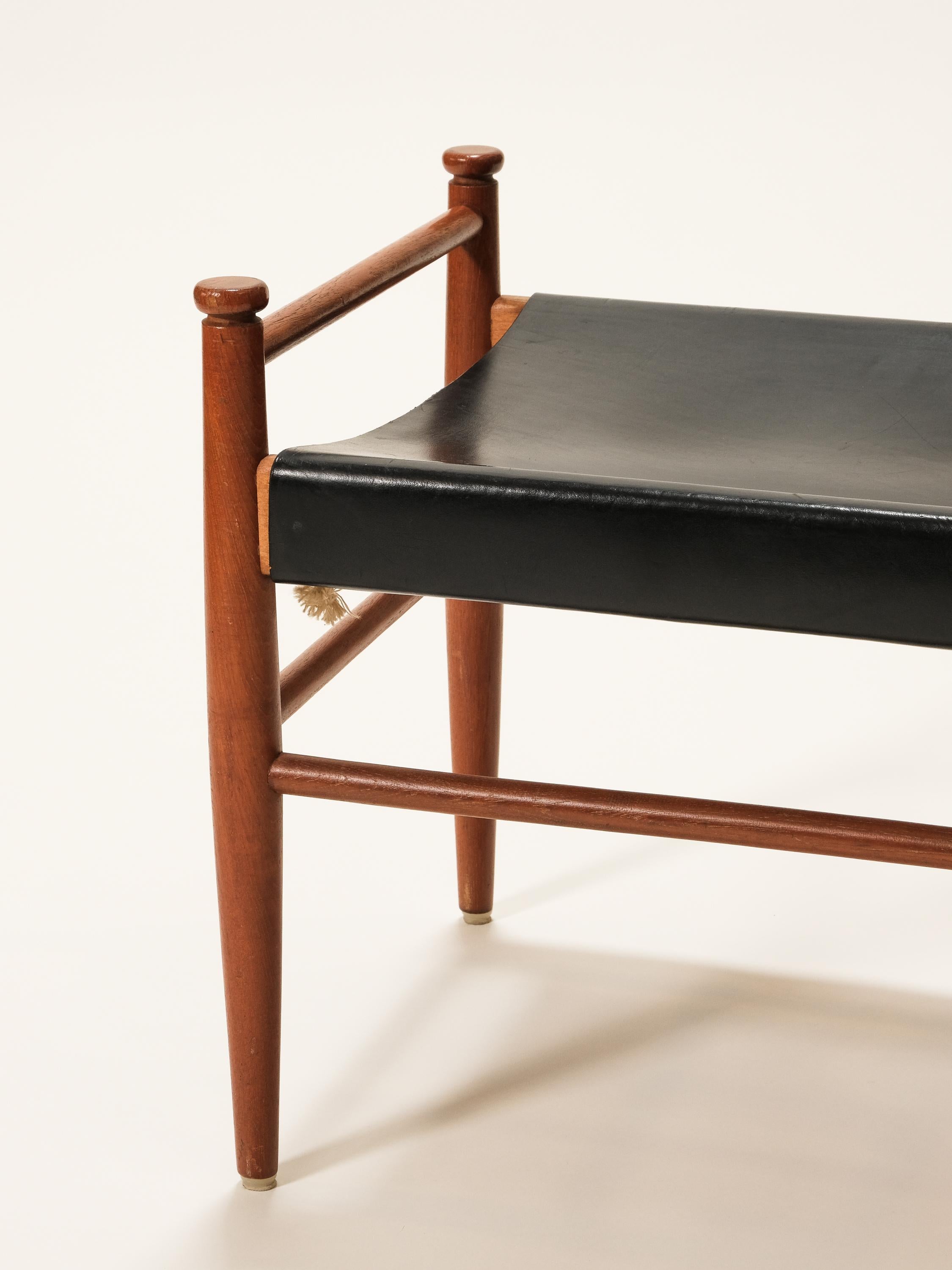 Scandinavian Modern Black Leather and Teak Stool Model 
