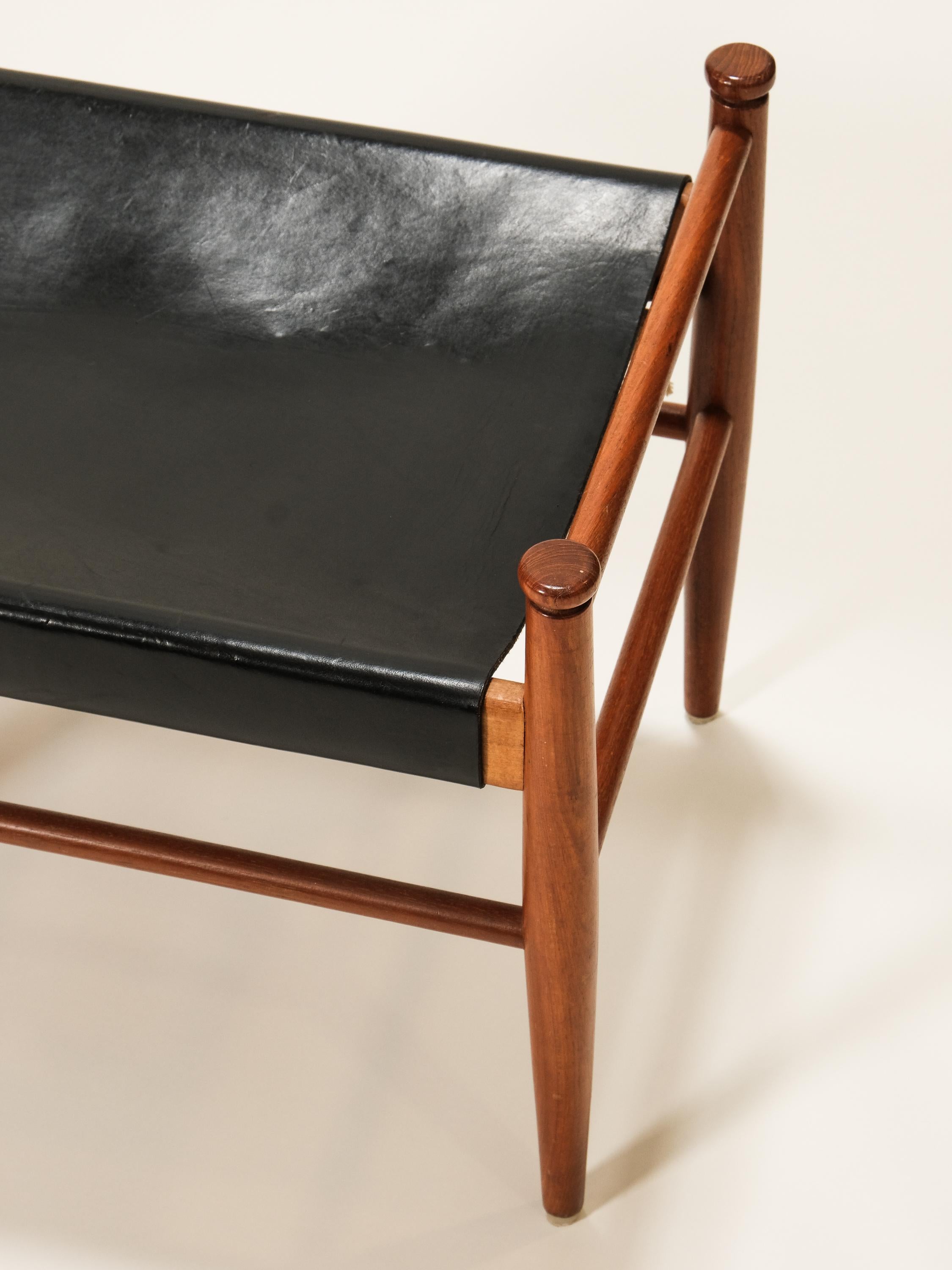 Swedish Black Leather and Teak Stool Model 