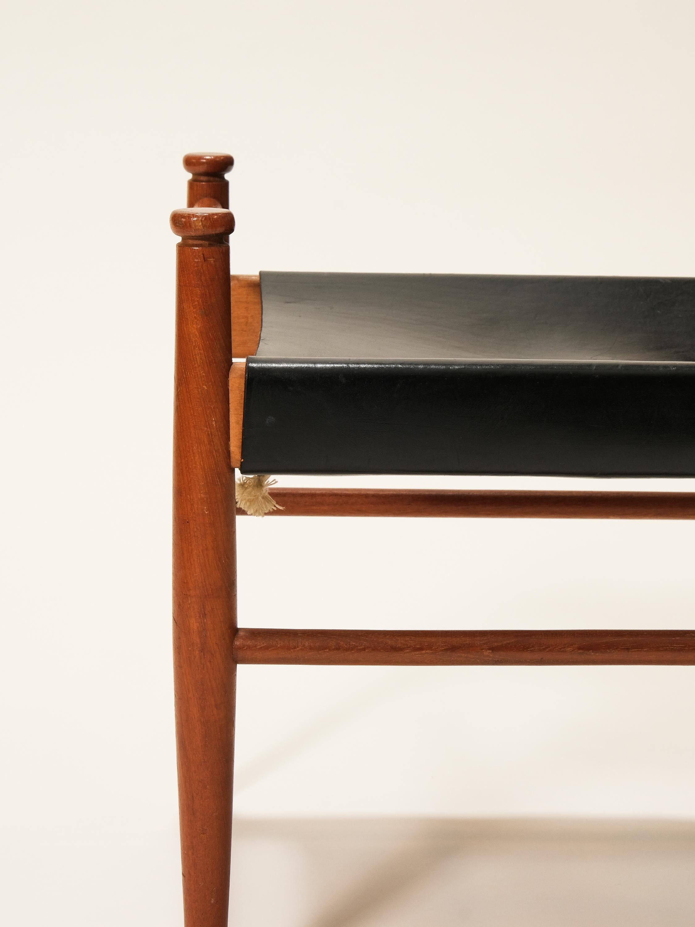 Black Leather and Teak Stool Model 