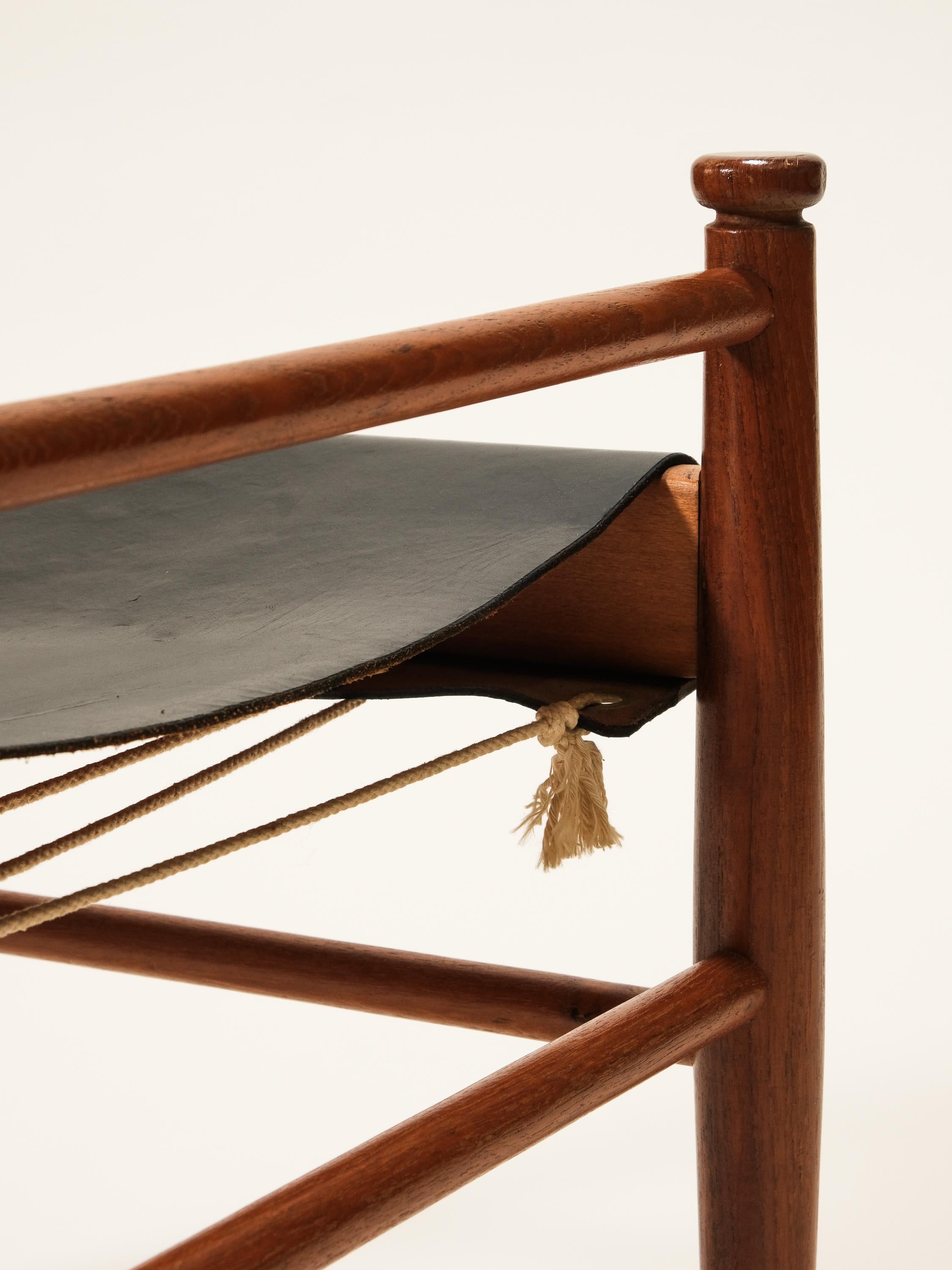 Black Leather and Teak Stool Model 