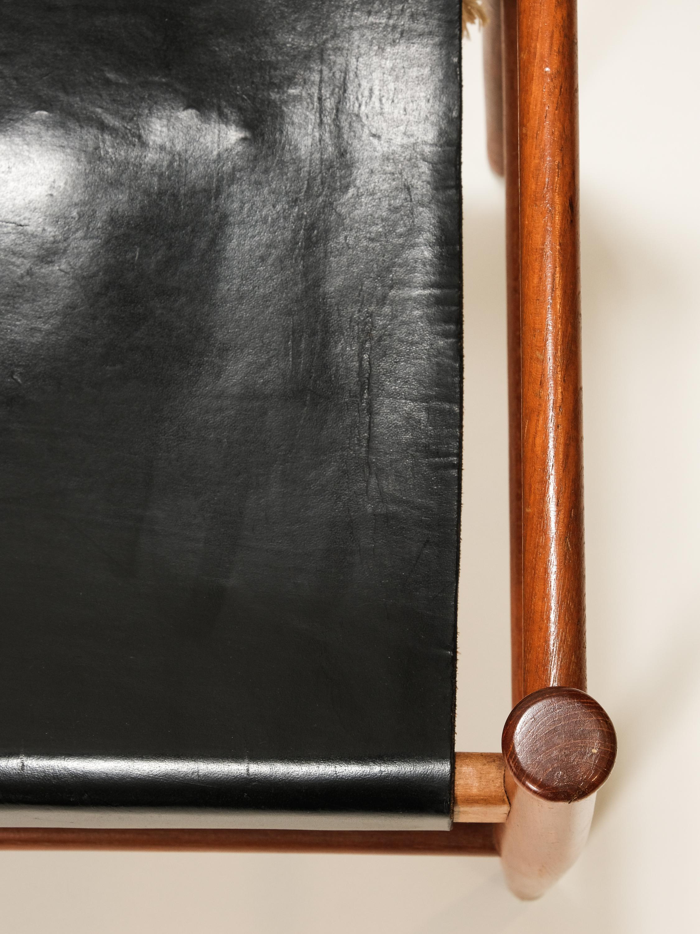 Black Leather and Teak Stool Model 