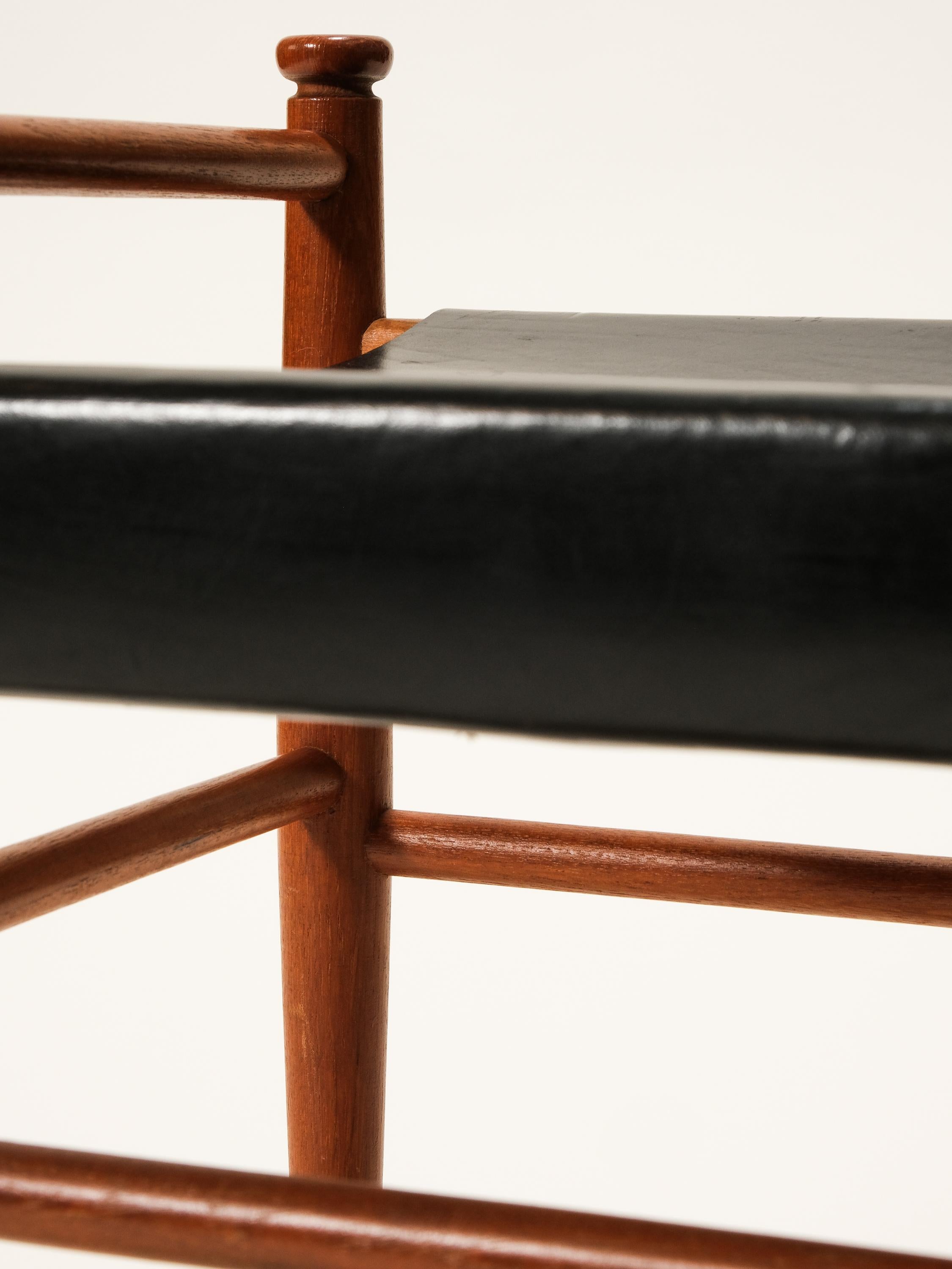 Black Leather and Teak Stool Model 