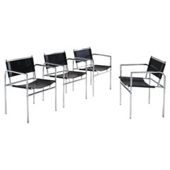 Dutch Set of Four Armchairs in Black Leather and Tubular Steel