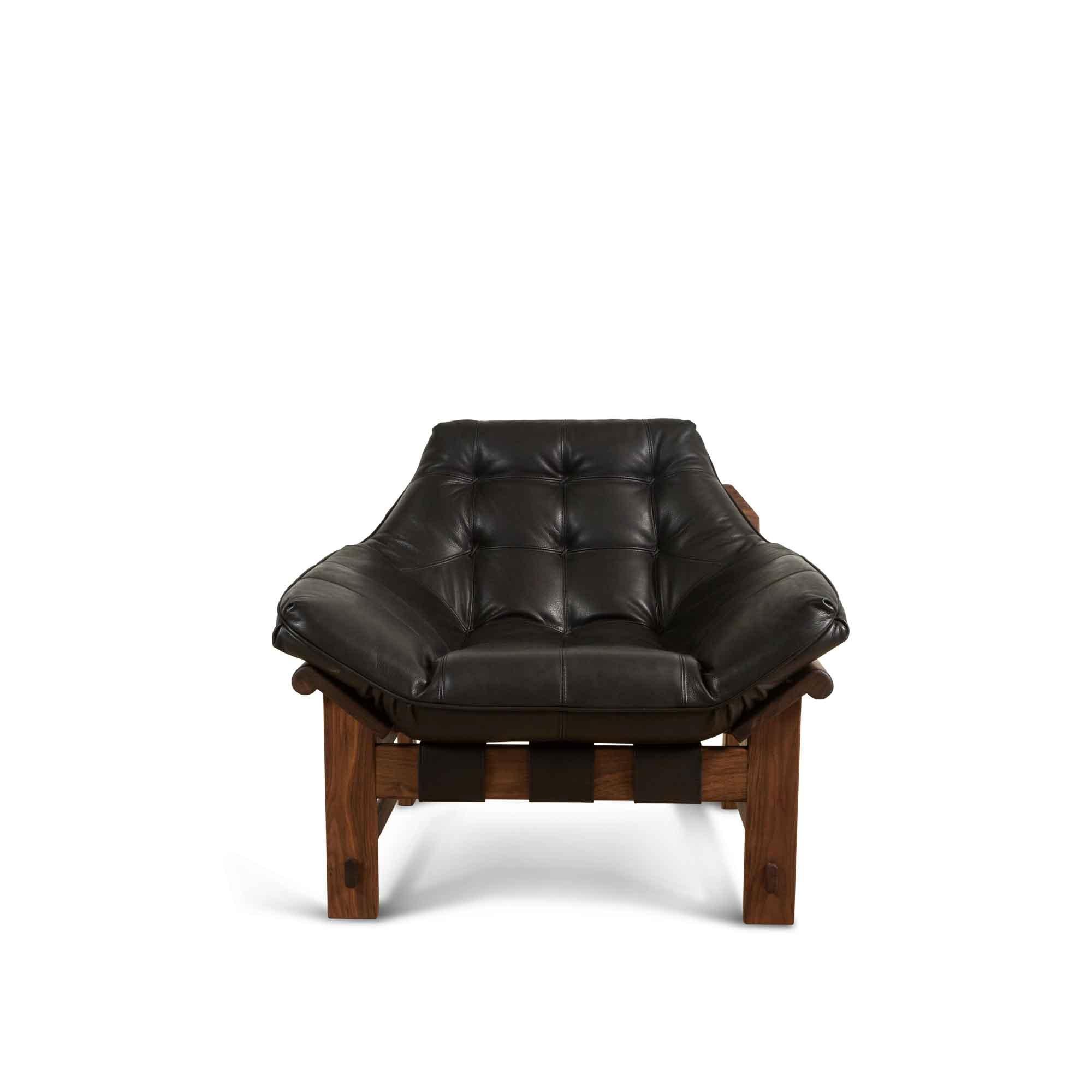 Mid-Century Modern Black Leather and Walnut Ojai Lounge Chair by Lawson-Fenning
