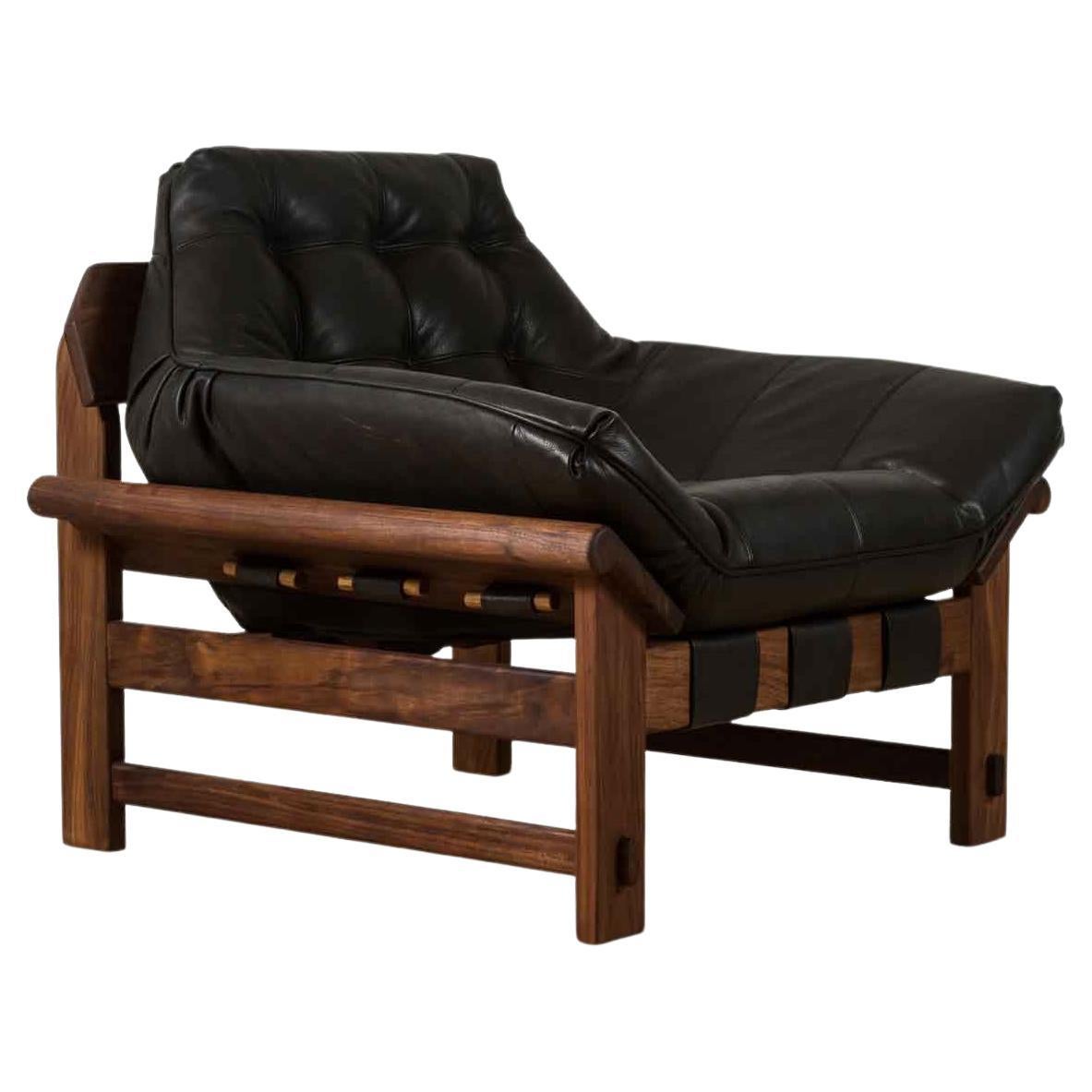 Mid-Century Modern Black Leather and Walnut Ojai Lounge Chair by Lawson-Fenning