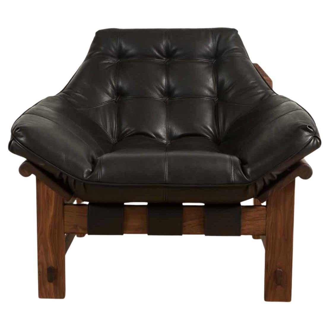 Black Leather and Walnut Ojai Lounge Chair by Lawson-Fenning