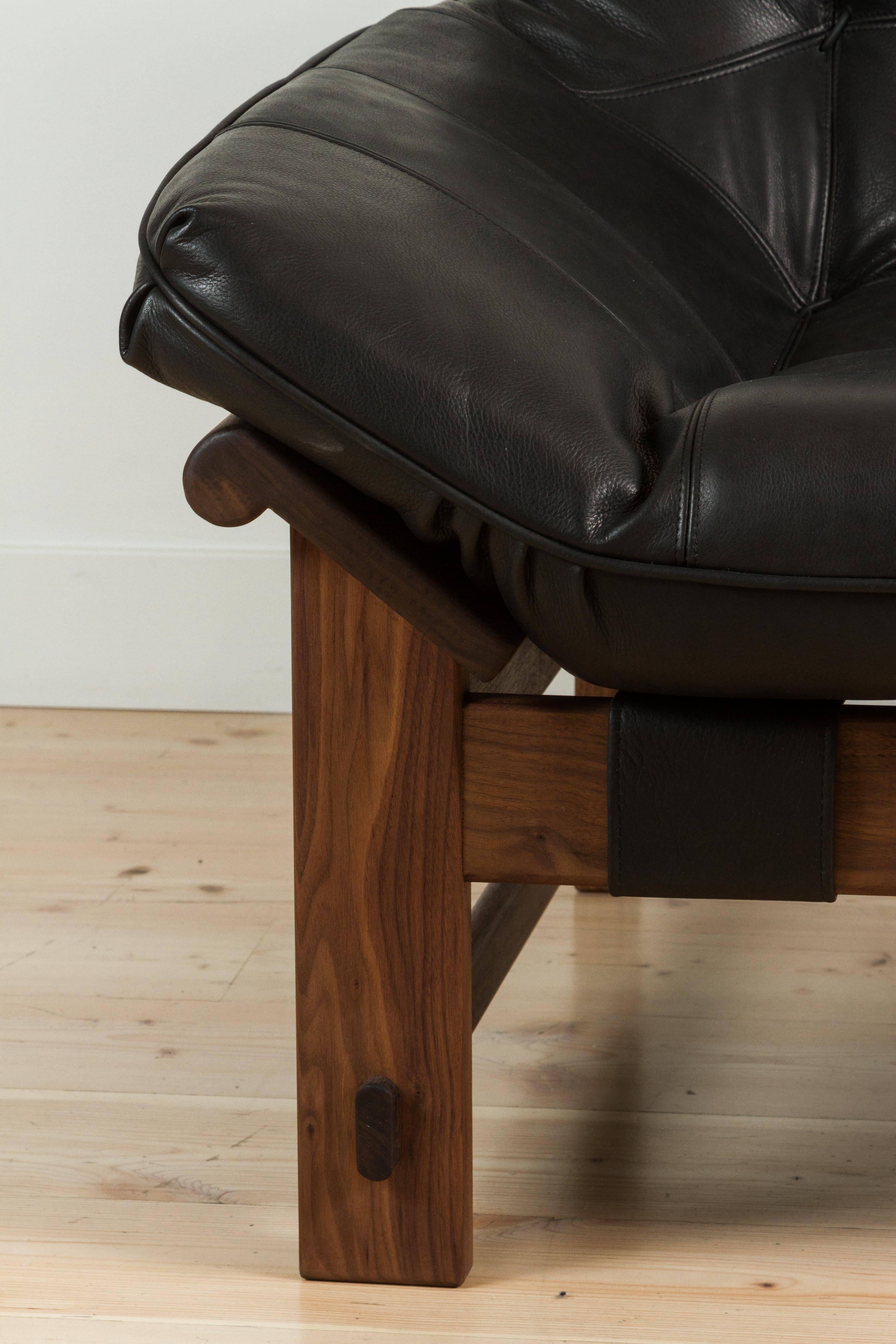 American Black Leather and Walnut Ojai Lounge Chair by Lawson-Fenning