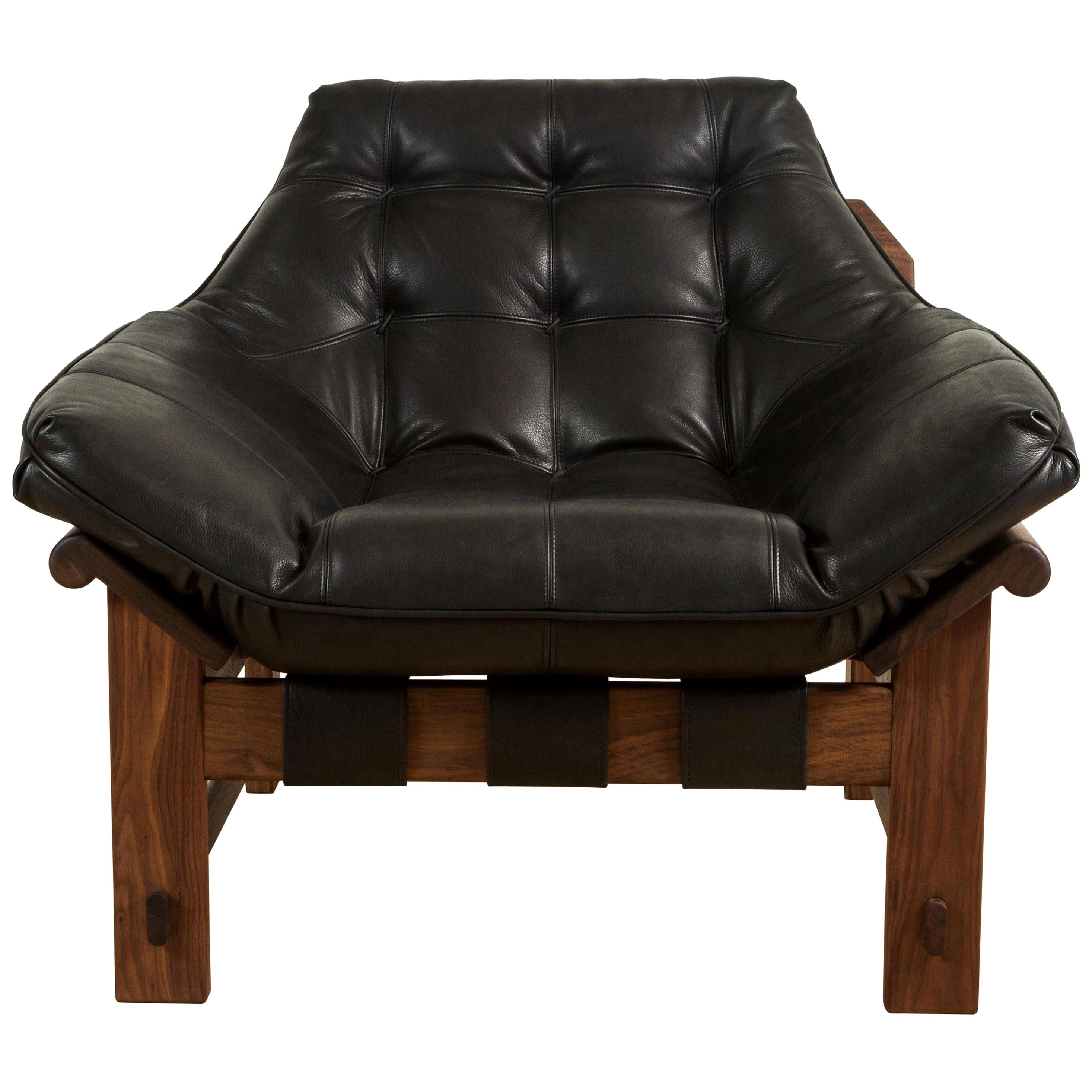 Black Leather and Walnut Ojai Lounge Chair by Lawson-Fenning