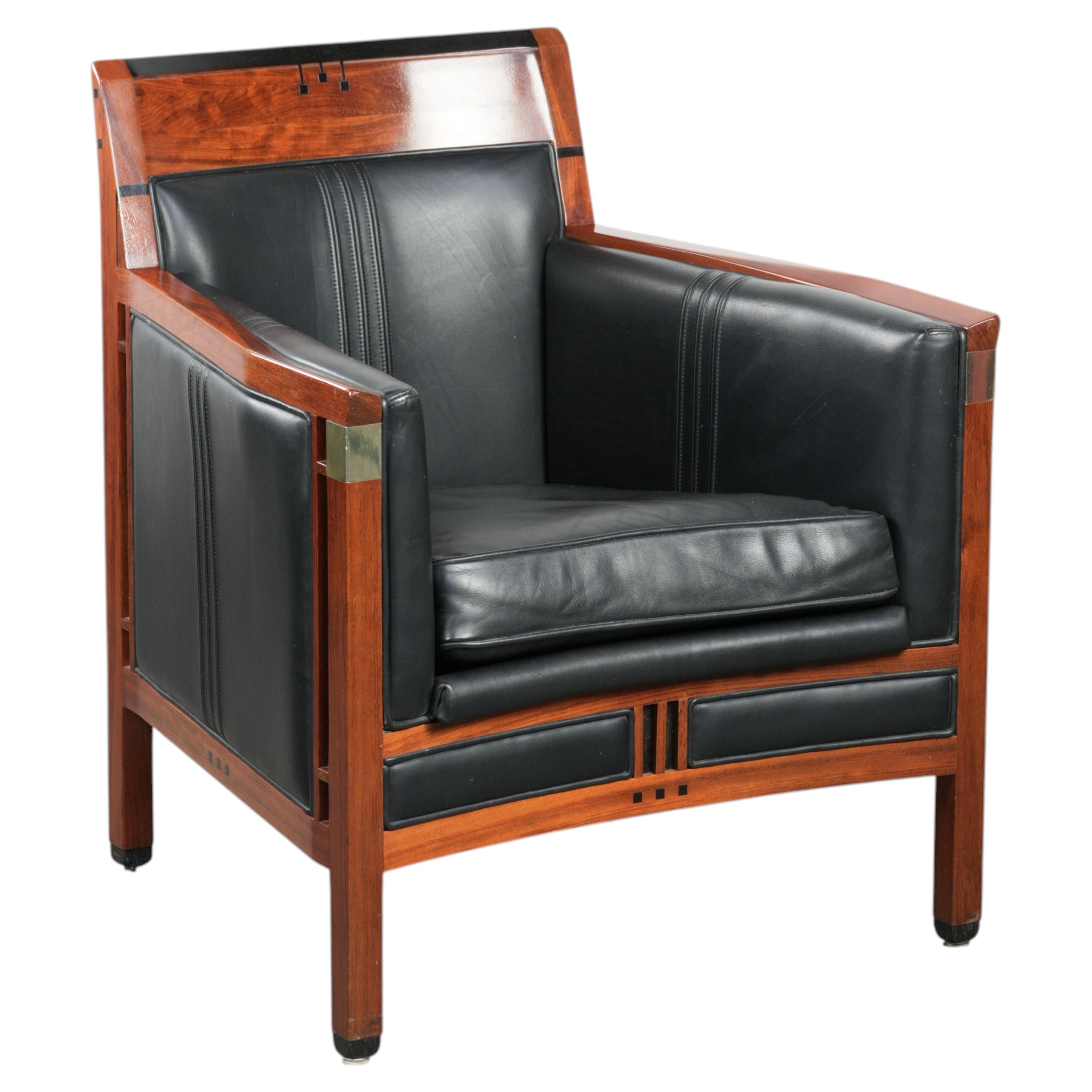 Black leather and wooden Art Deco design armchair For Sale