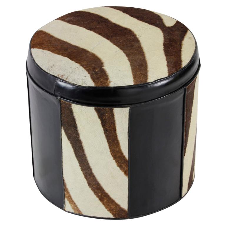 Black Leather and Zebra Patterned Cow Hide Hassock or Foot Stool