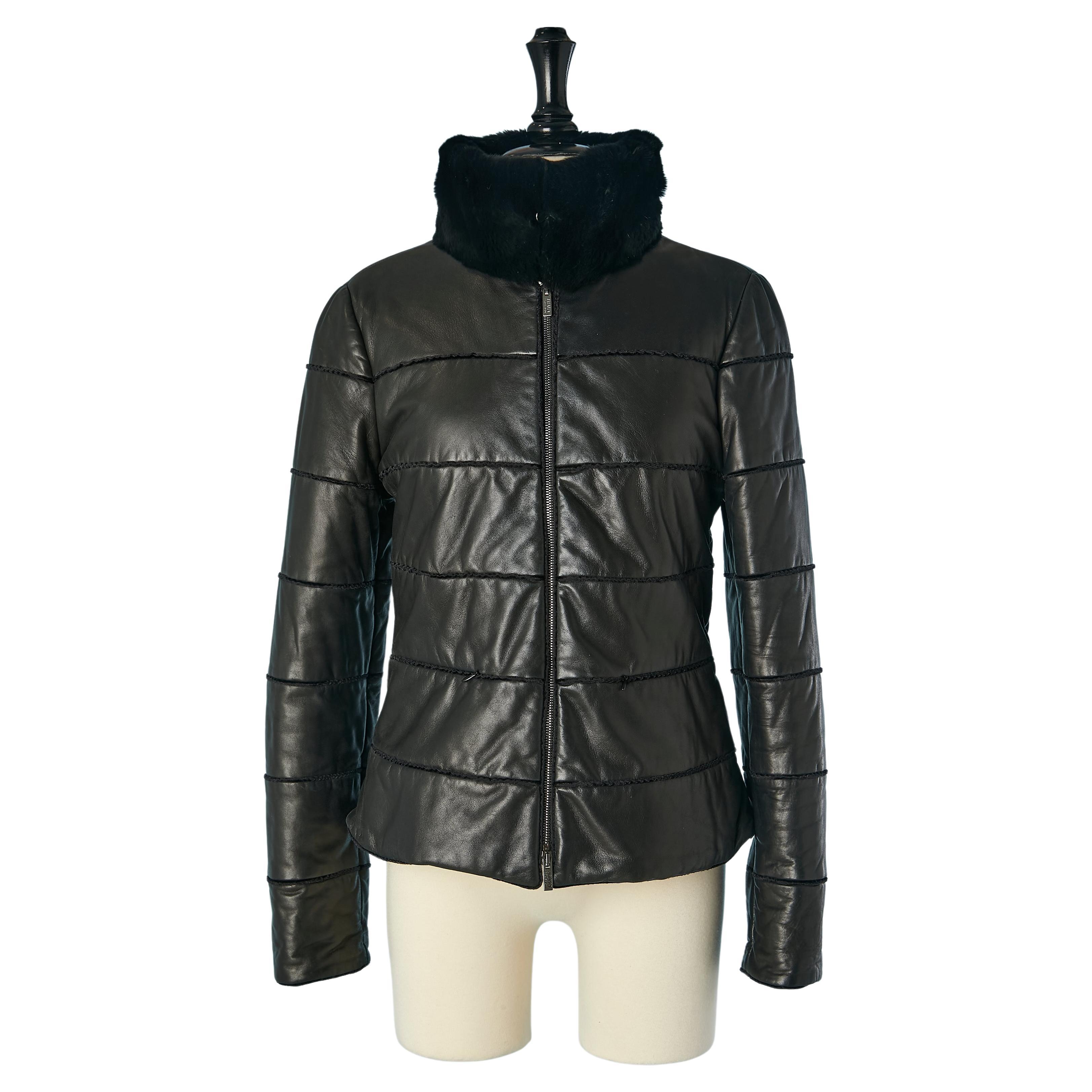 Black leather anorak with fur collar Armani Collezioni For Sale