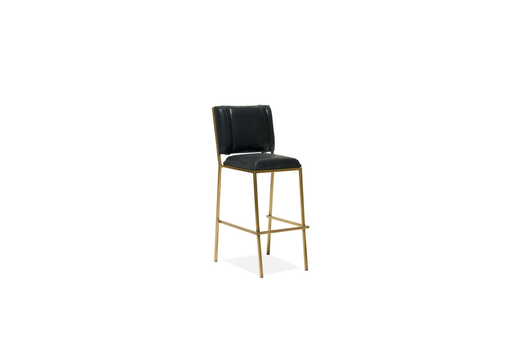 Modern Black Leather & Antique Brass Barstool For Sale