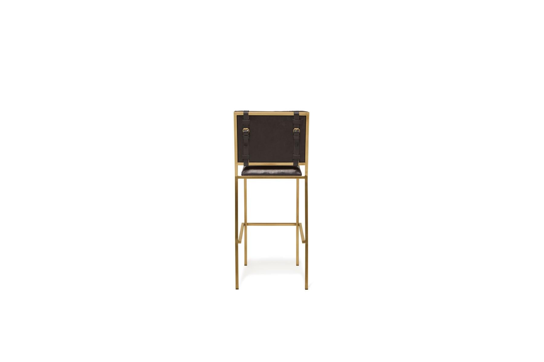 Black Leather & Antique Brass Barstool In New Condition For Sale In Los Angeles, CA
