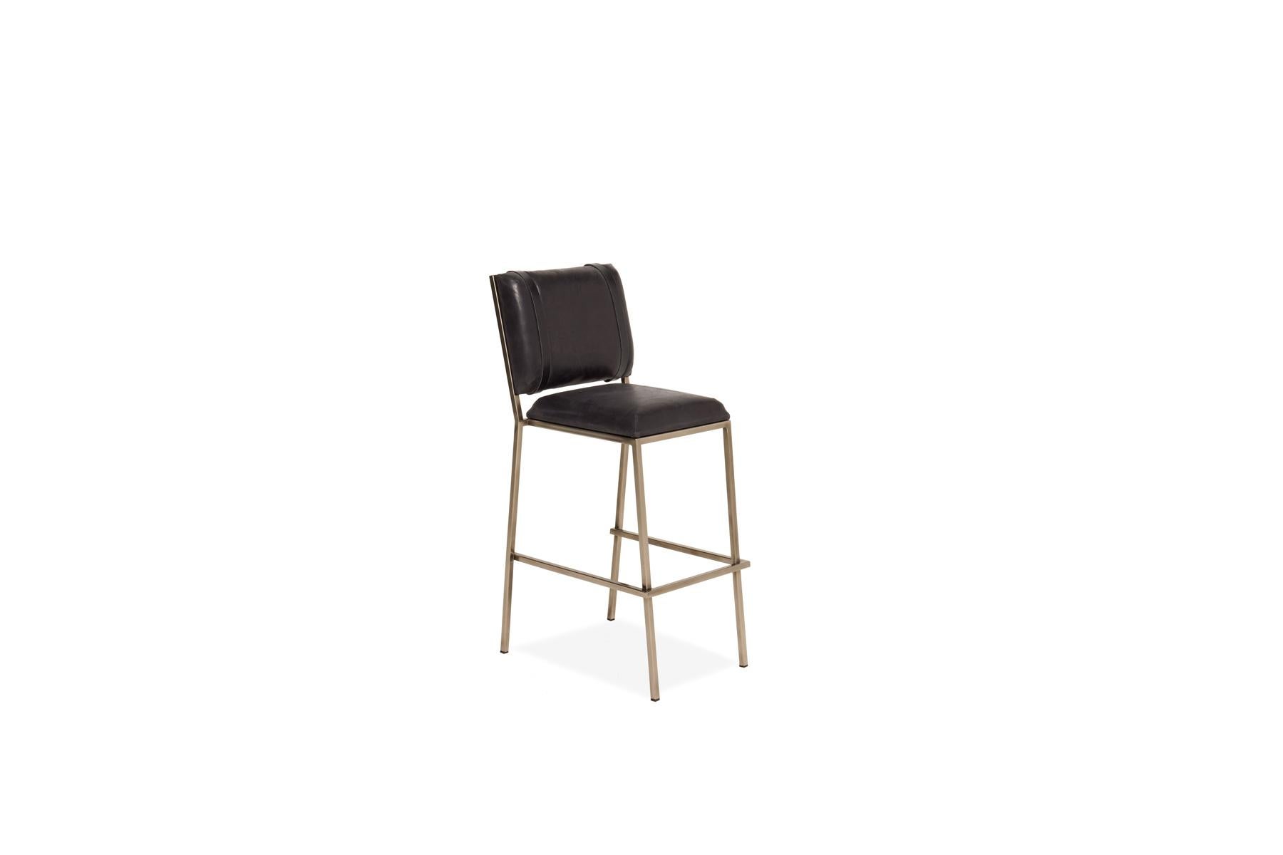 Modern Black Leather & Antique Nickel Barstool For Sale