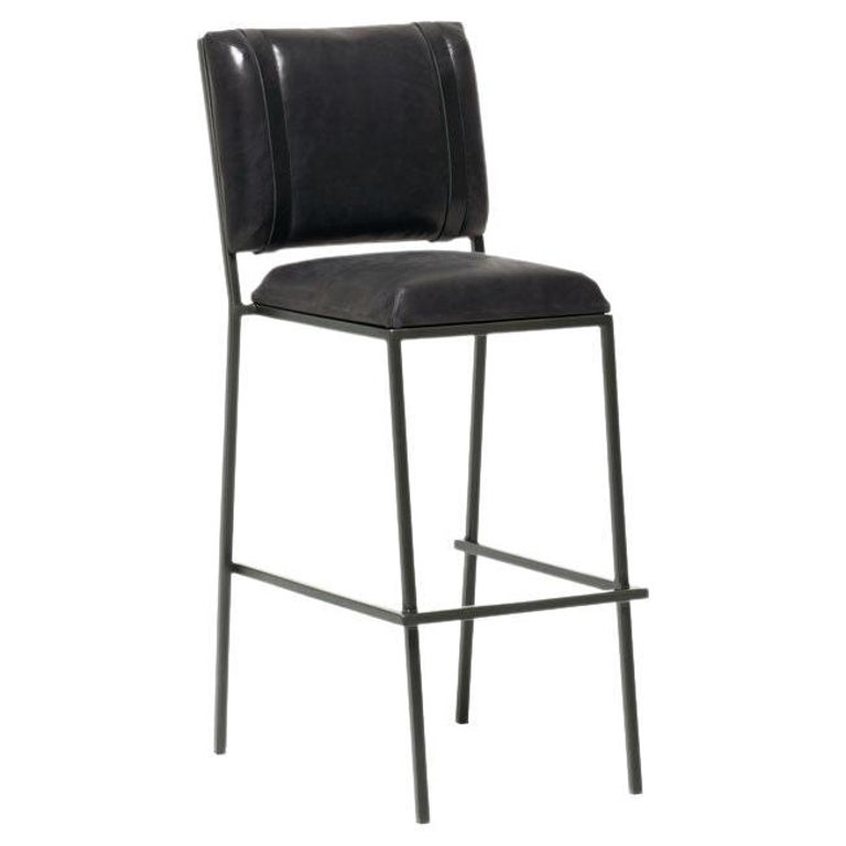 Black Leather and Antique Nickel Barstool at 1stDibs