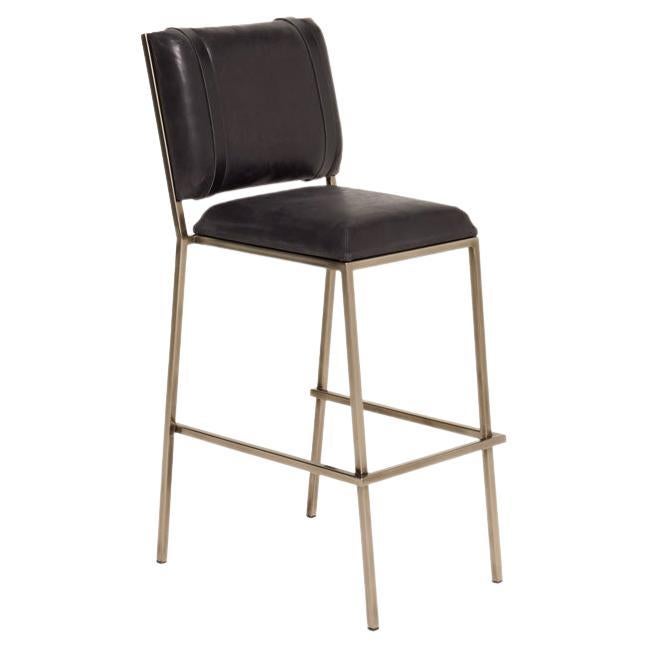 Tabouret de bar en cuir noir et nickel antique