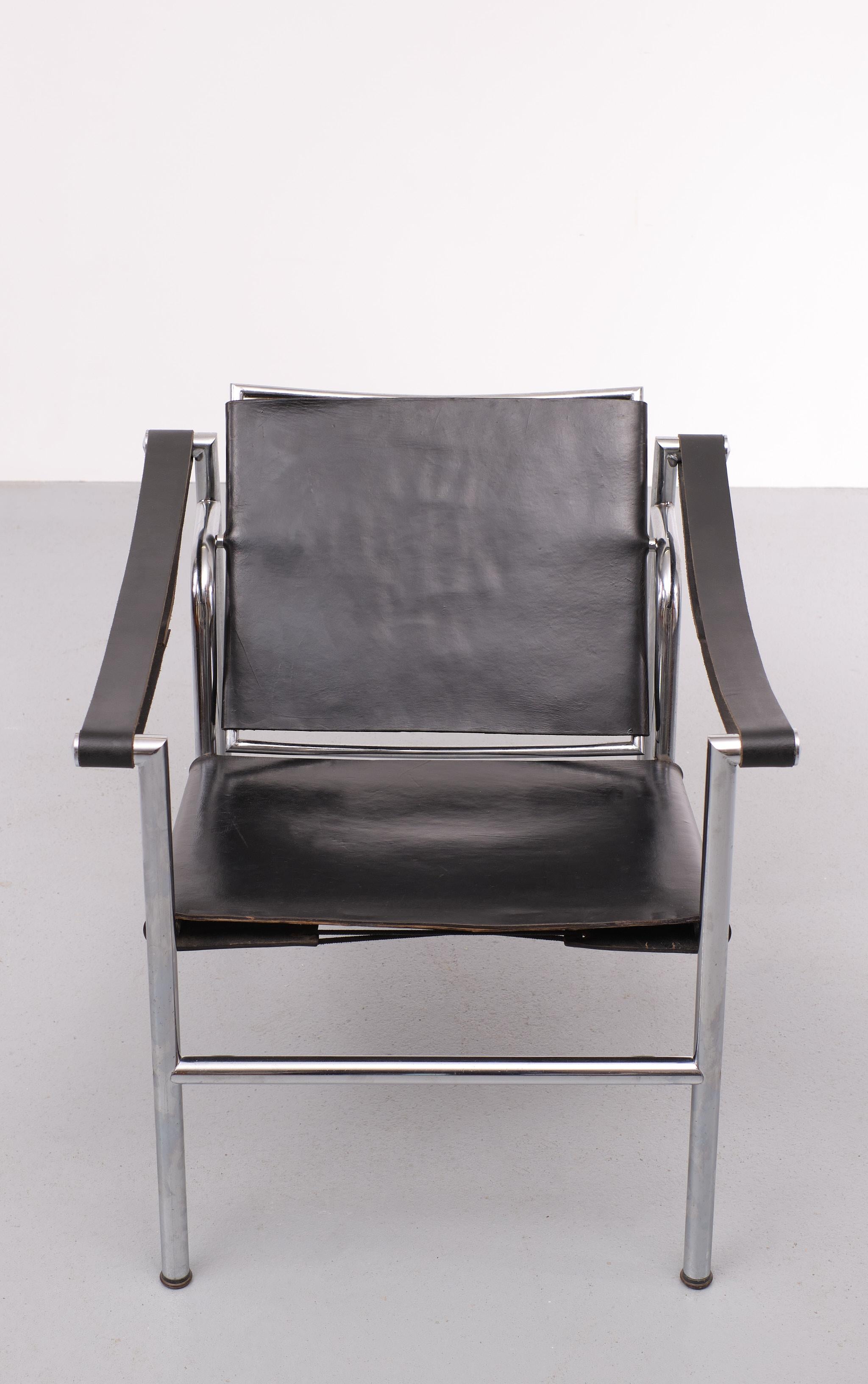 Bauhaus Black Leather Arm Chair Attributed LC1 Le Corbusier, 1970s