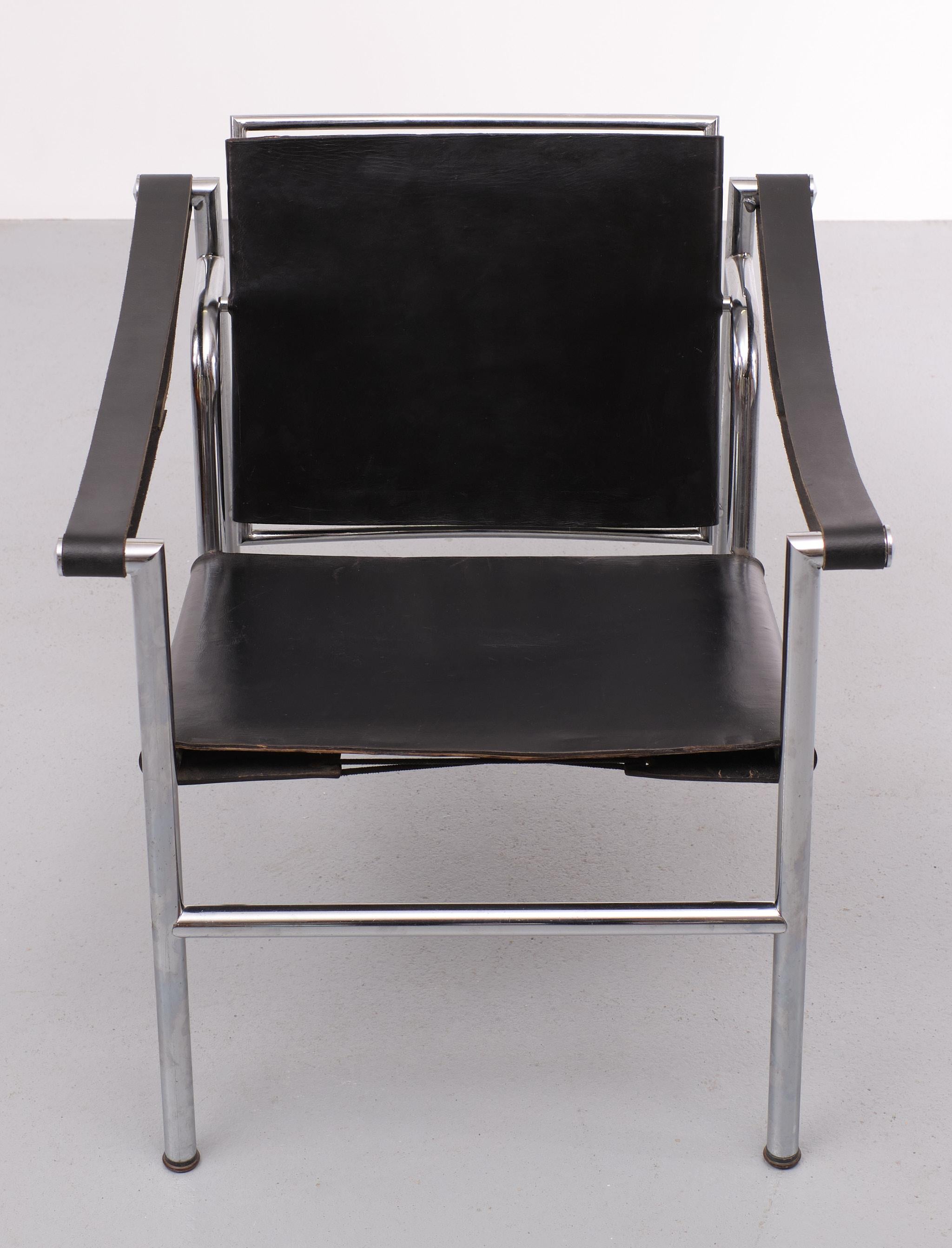 Italian Black Leather Arm Chair Attributed LC1 Le Corbusier, 1970s
