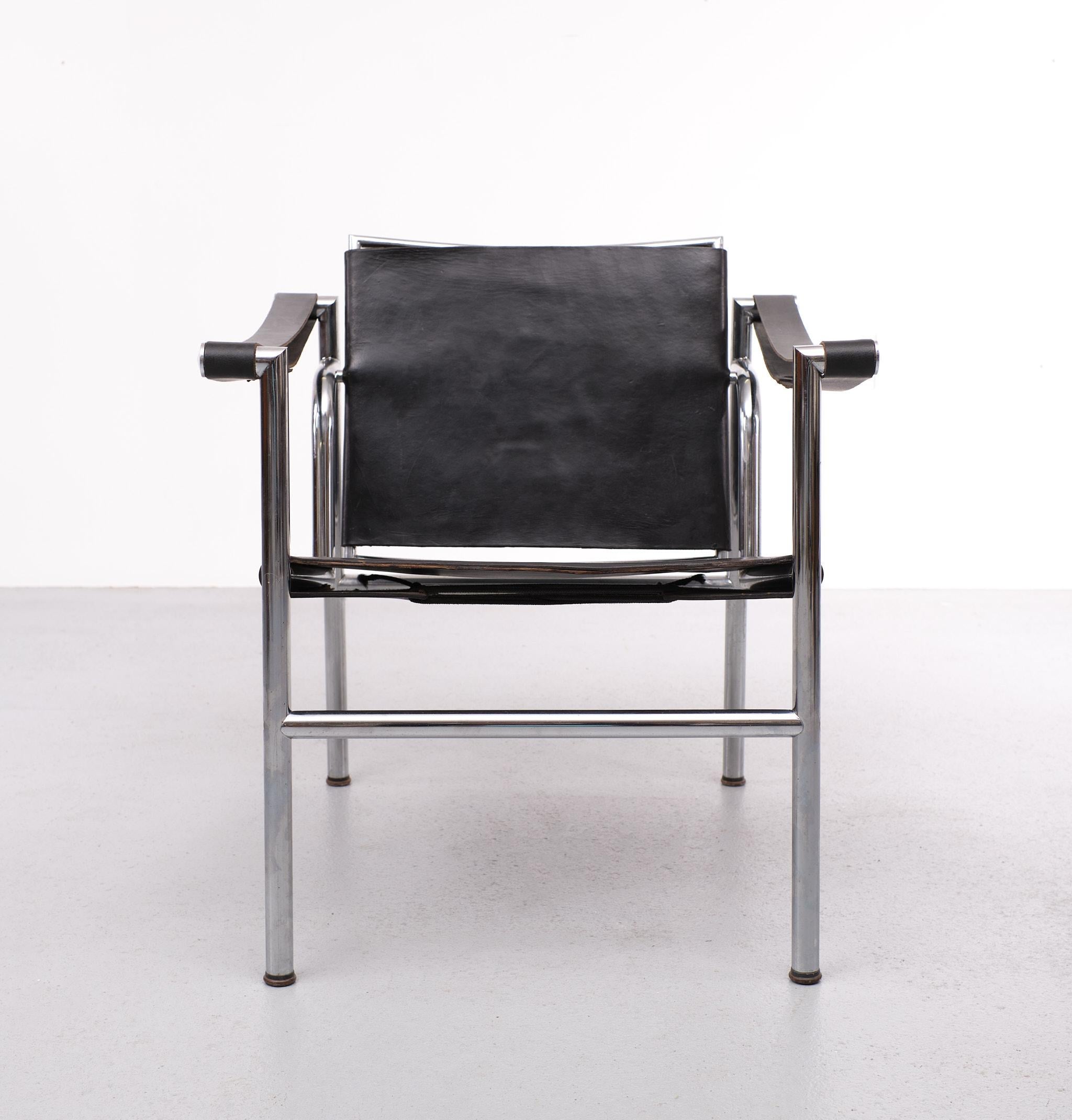Black Leather Arm Chair Attributed LC1 Le Corbusier, 1970s In Good Condition In Den Haag, NL