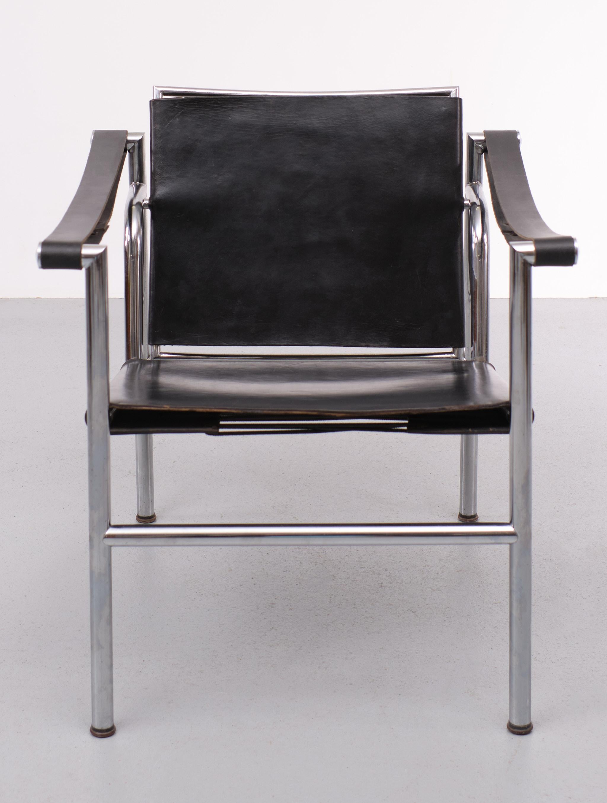 Late 20th Century Black Leather Arm Chair Attributed LC1 Le Corbusier, 1970s