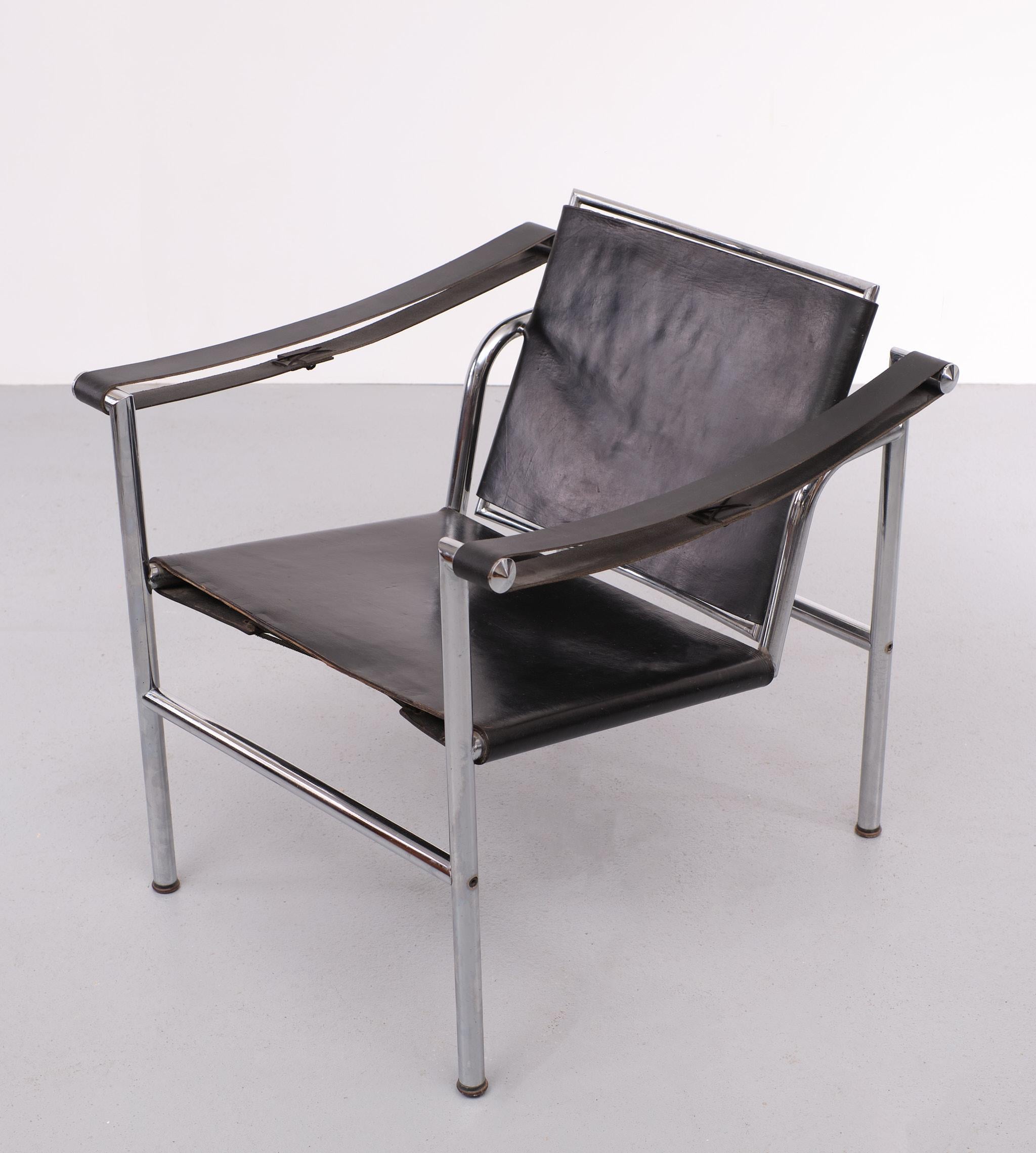 Chrome Black Leather Arm Chair Attributed LC1 Le Corbusier, 1970s