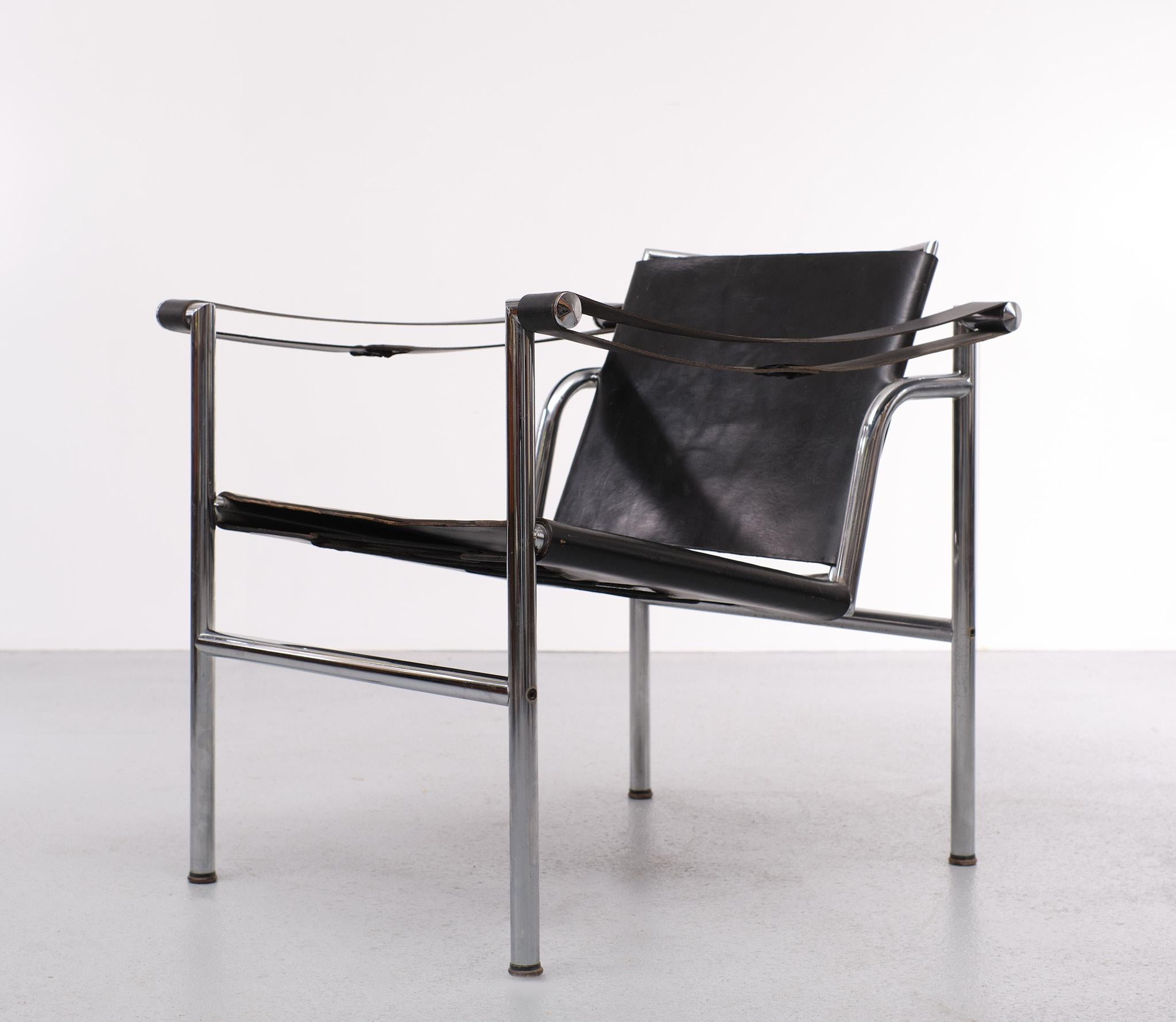 Black Leather Arm Chair Attributed LC1 Le Corbusier, 1970s 1