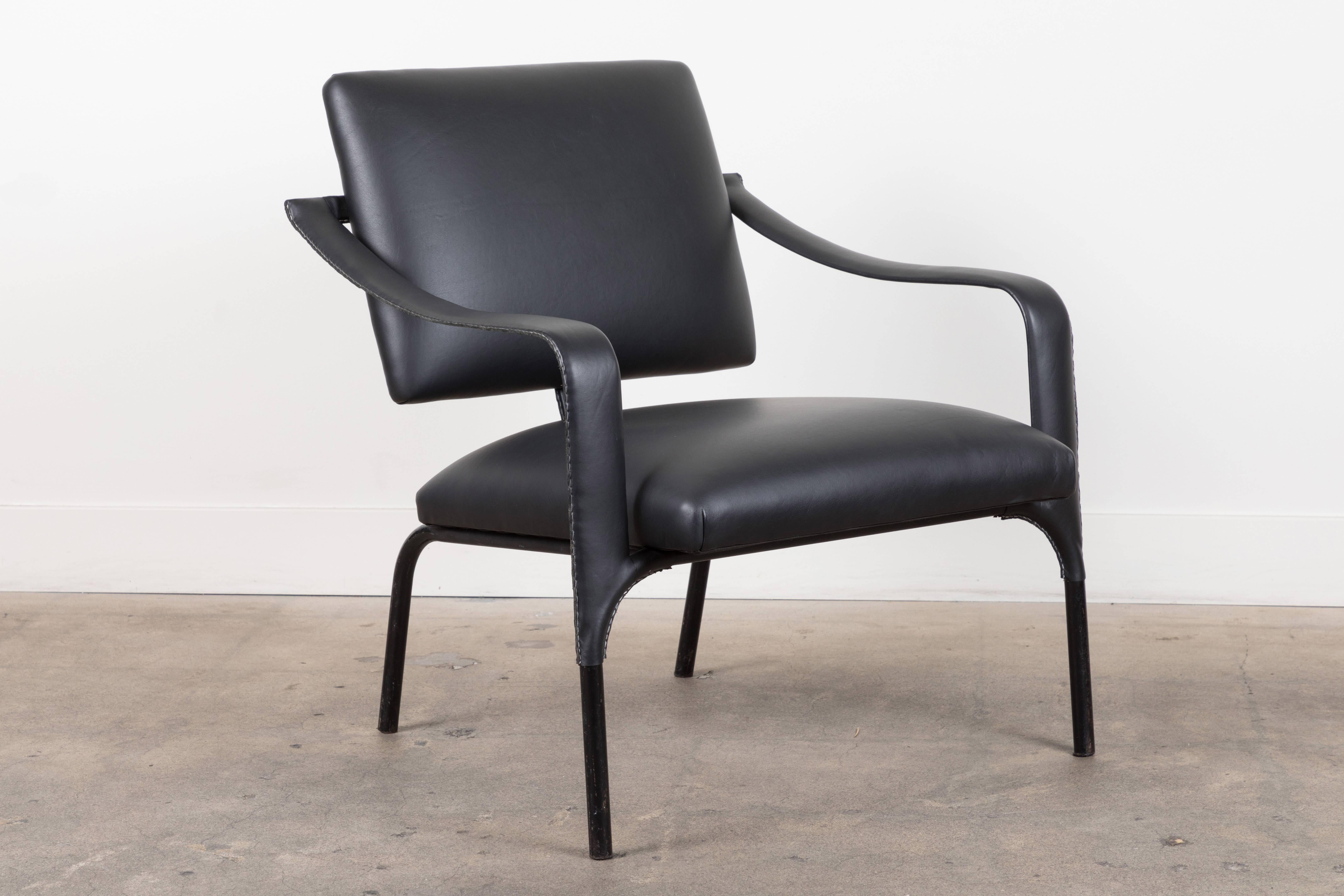 Mid-Century Modern Black Leather Armchair by Jacques Adnet For Sale