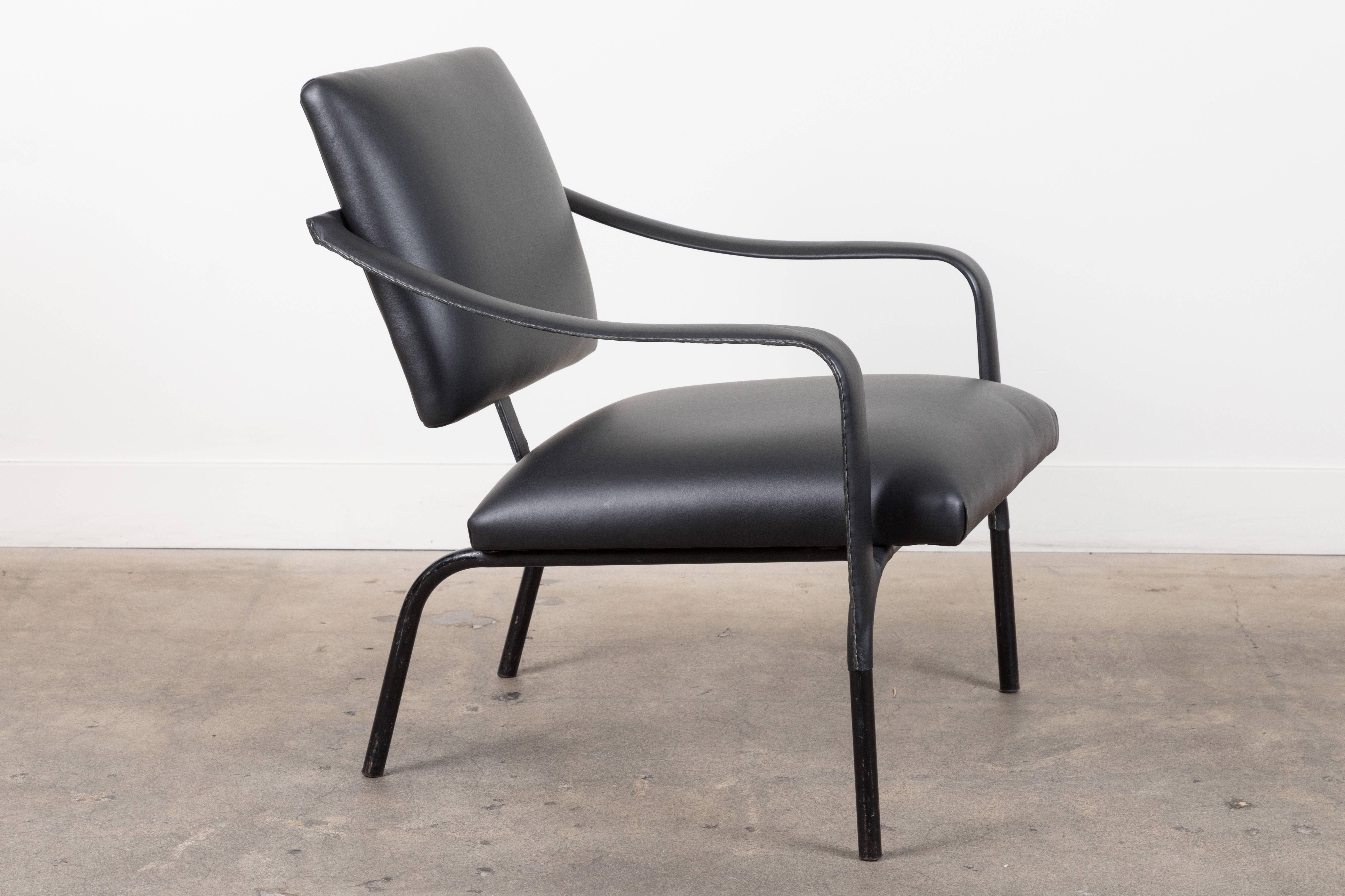 French Black Leather Armchair by Jacques Adnet For Sale